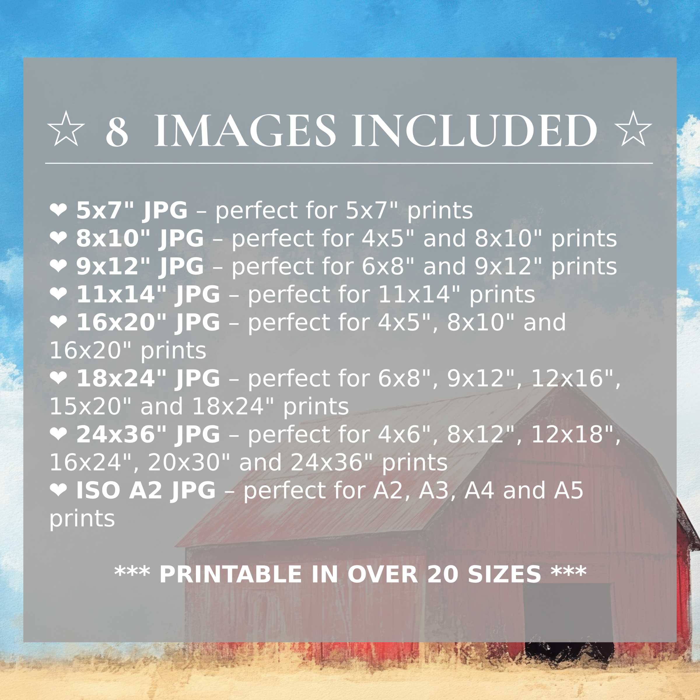 Farmhouse digital print with radiant blue sky and warm red barn hues, delivering calming luxury and versatile elegance in 8 high-quality sizes