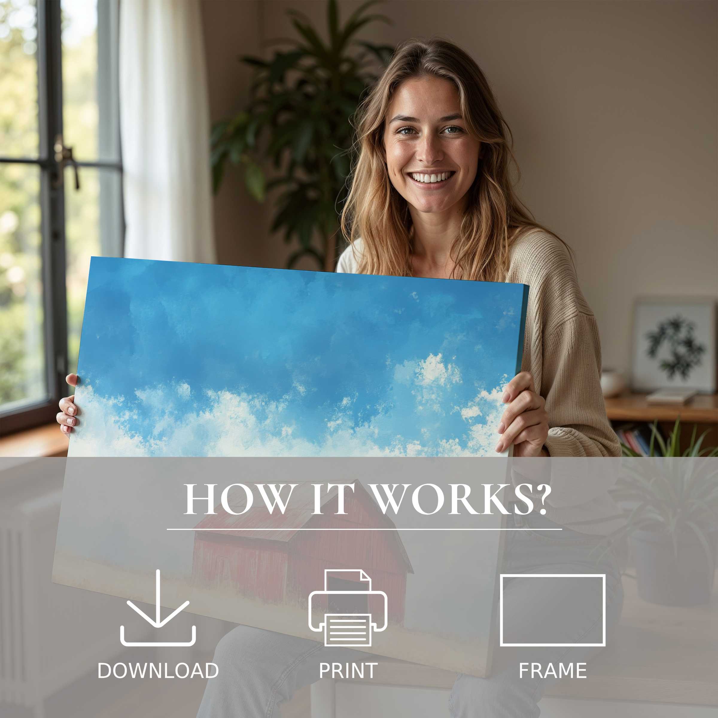 Radiant farmhouse digital art print elevates serene spaces, capturing effortless joy and timeless charm in modern living