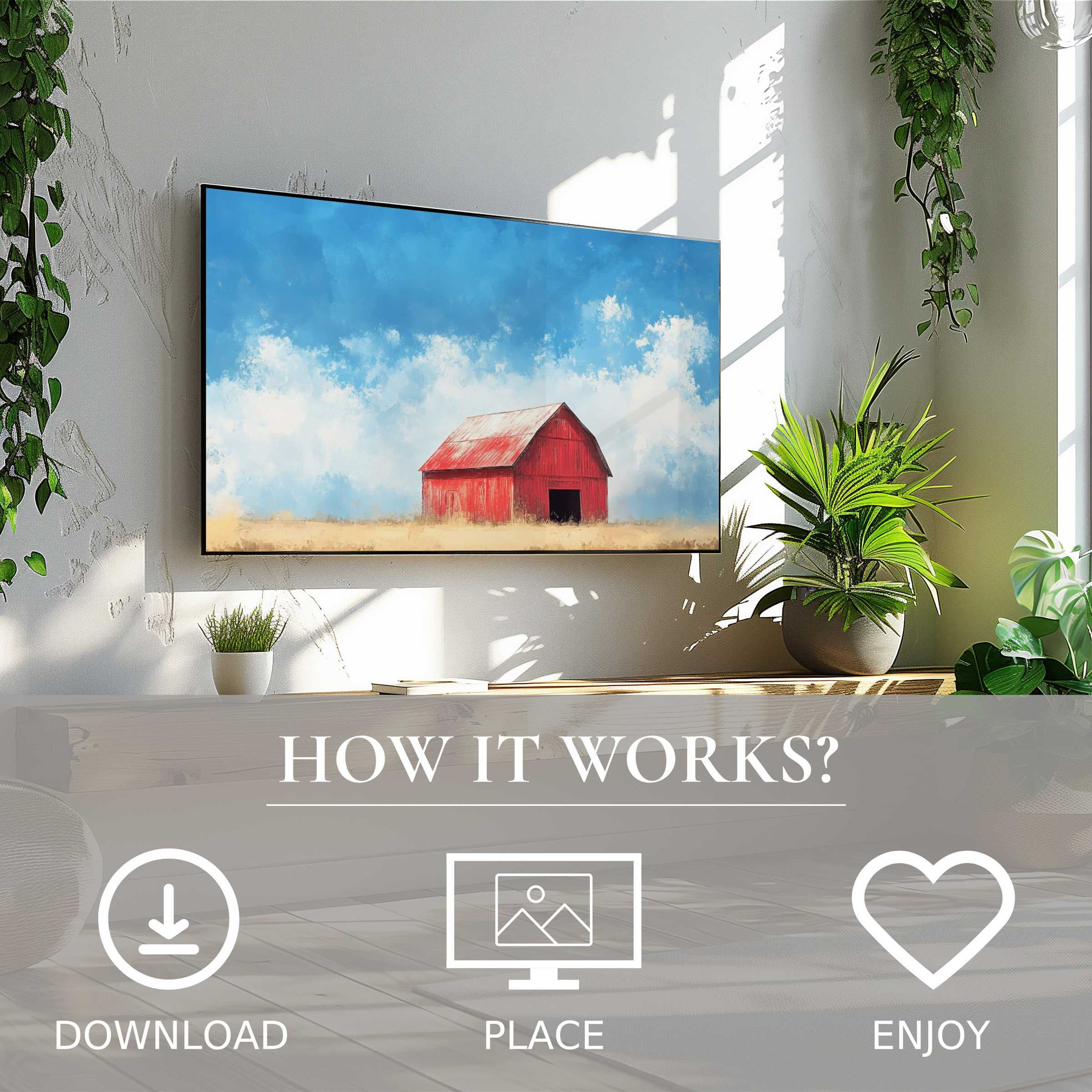 Farmhouse art for Samsung TV shows soft sunset tones of a red barn; easy digital download enriches modern living spaces