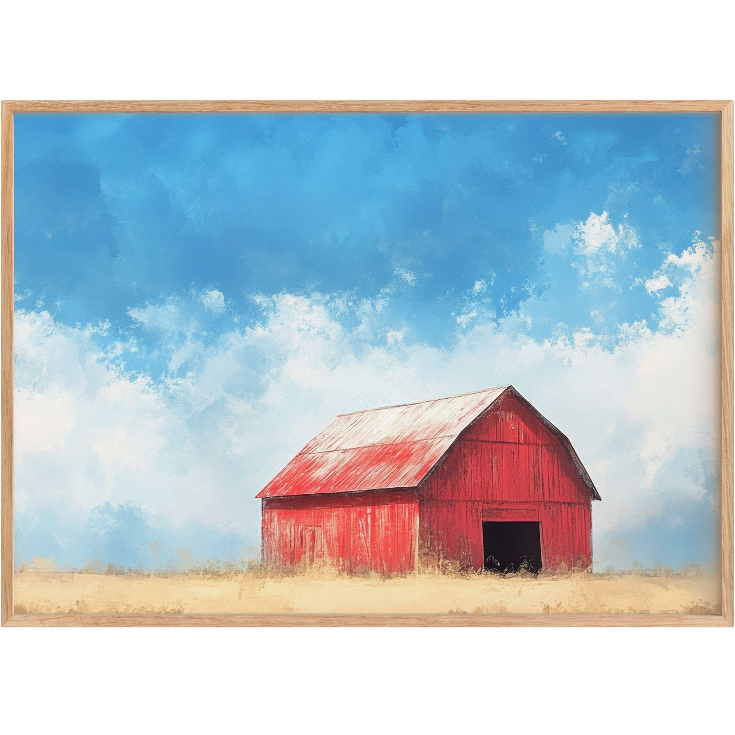 Rustic red barn bathed in golden fields under a vibrant blue sky, farmhouse printable wall art radiates warm nostalgia and quiet charm