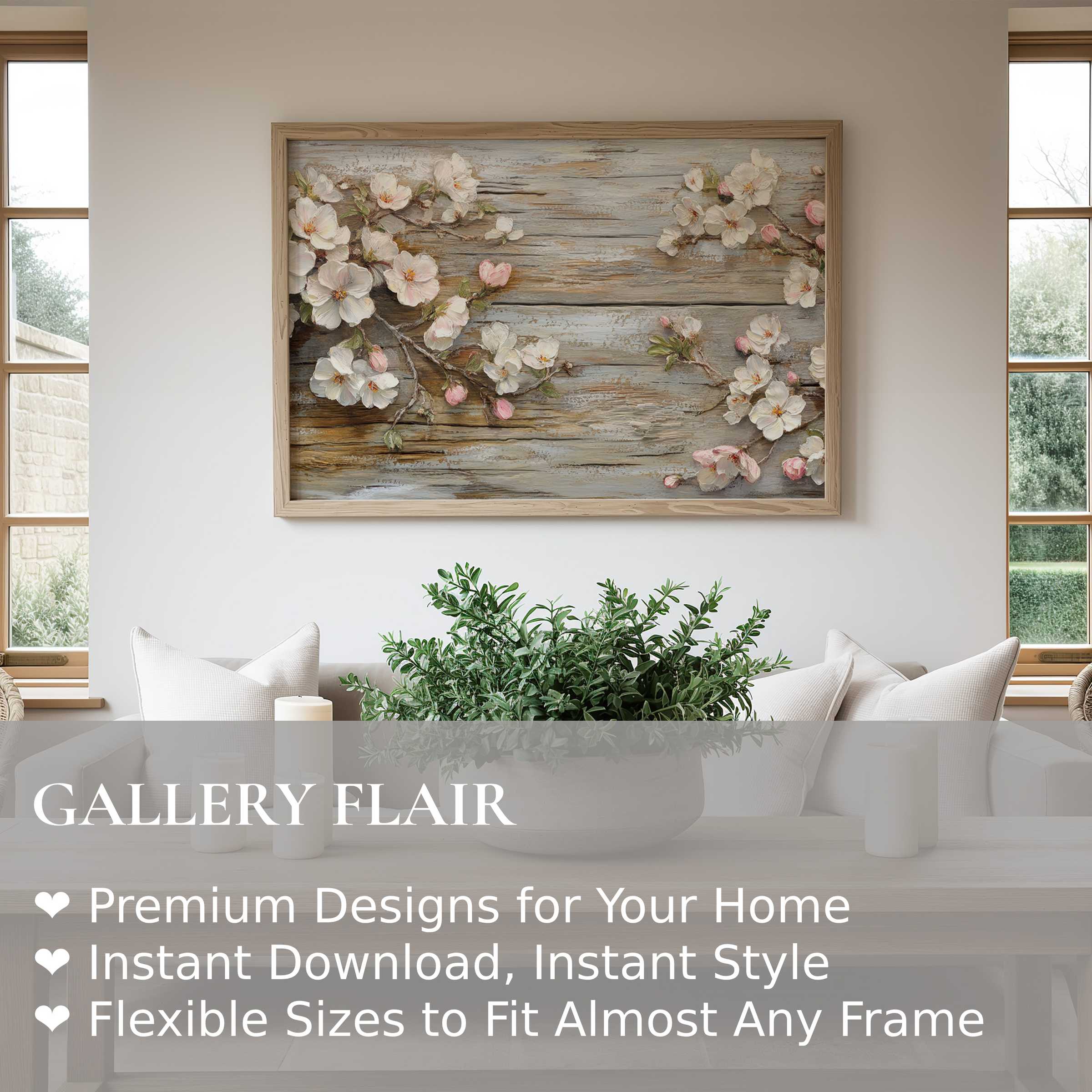 Floral wall art print with soft pink blossoms on rustic wood backdrop enhances serene modern farmhouse interiors with calming elegance