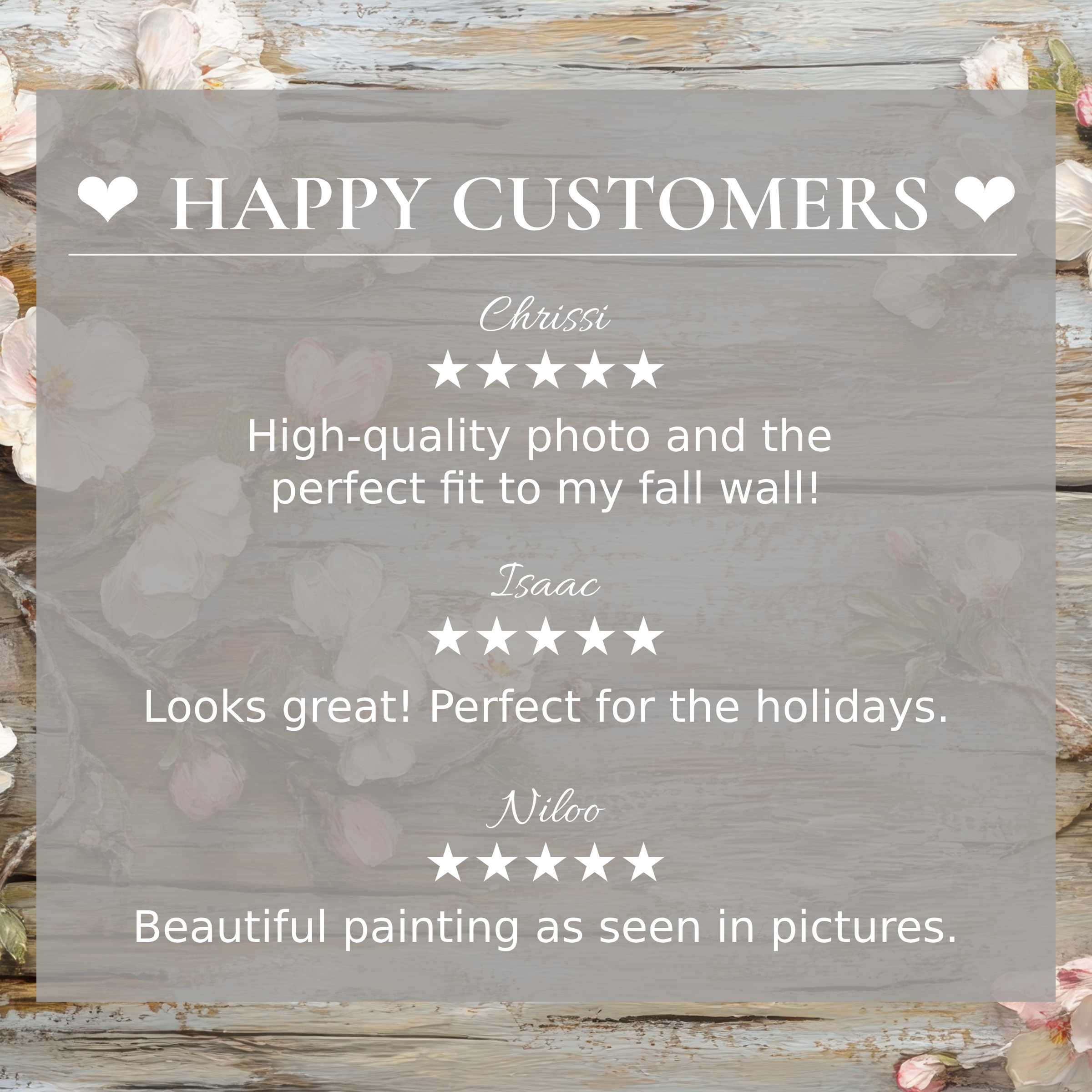 Floral art for Frame TV with happy customer reviews, set against soft pastel floral art on wooden backdrop
