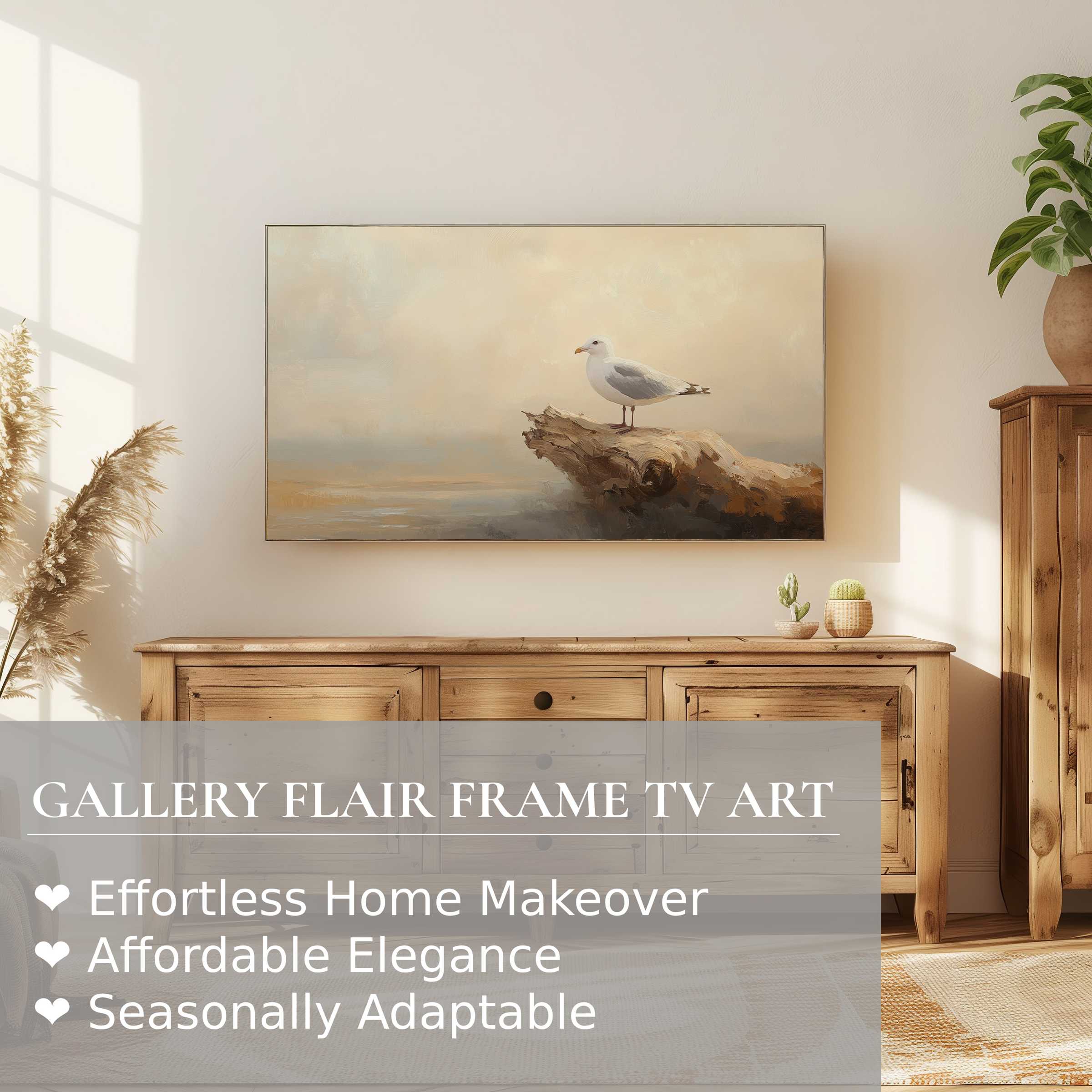 Samsung Frame TV displaying refined coastal digital artwork of a seagull, enhancing serene modern home decor