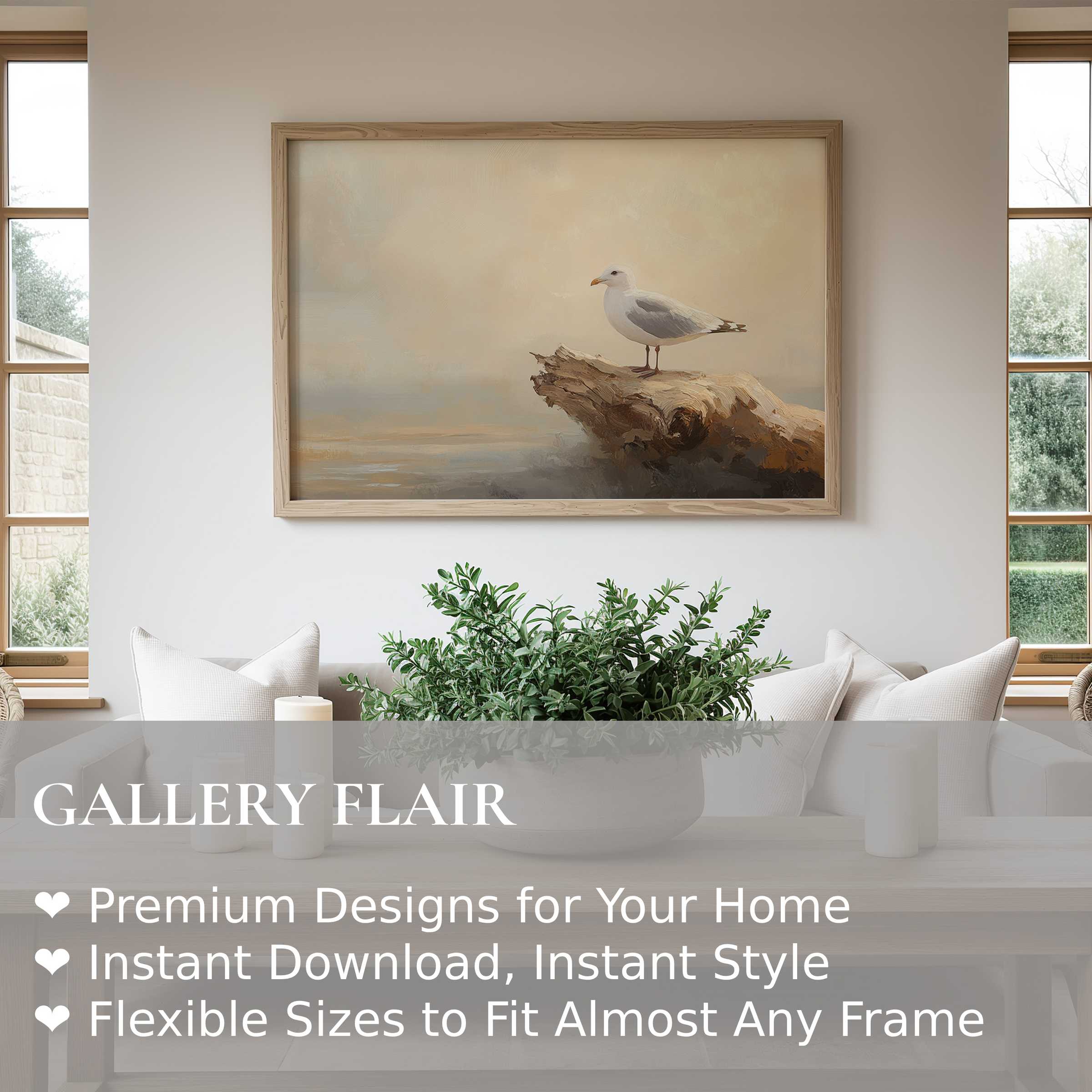 Coastal wall art print featuring a serene seagull on driftwood, radiating calming, coastal charm in a modern, minimalist living room
