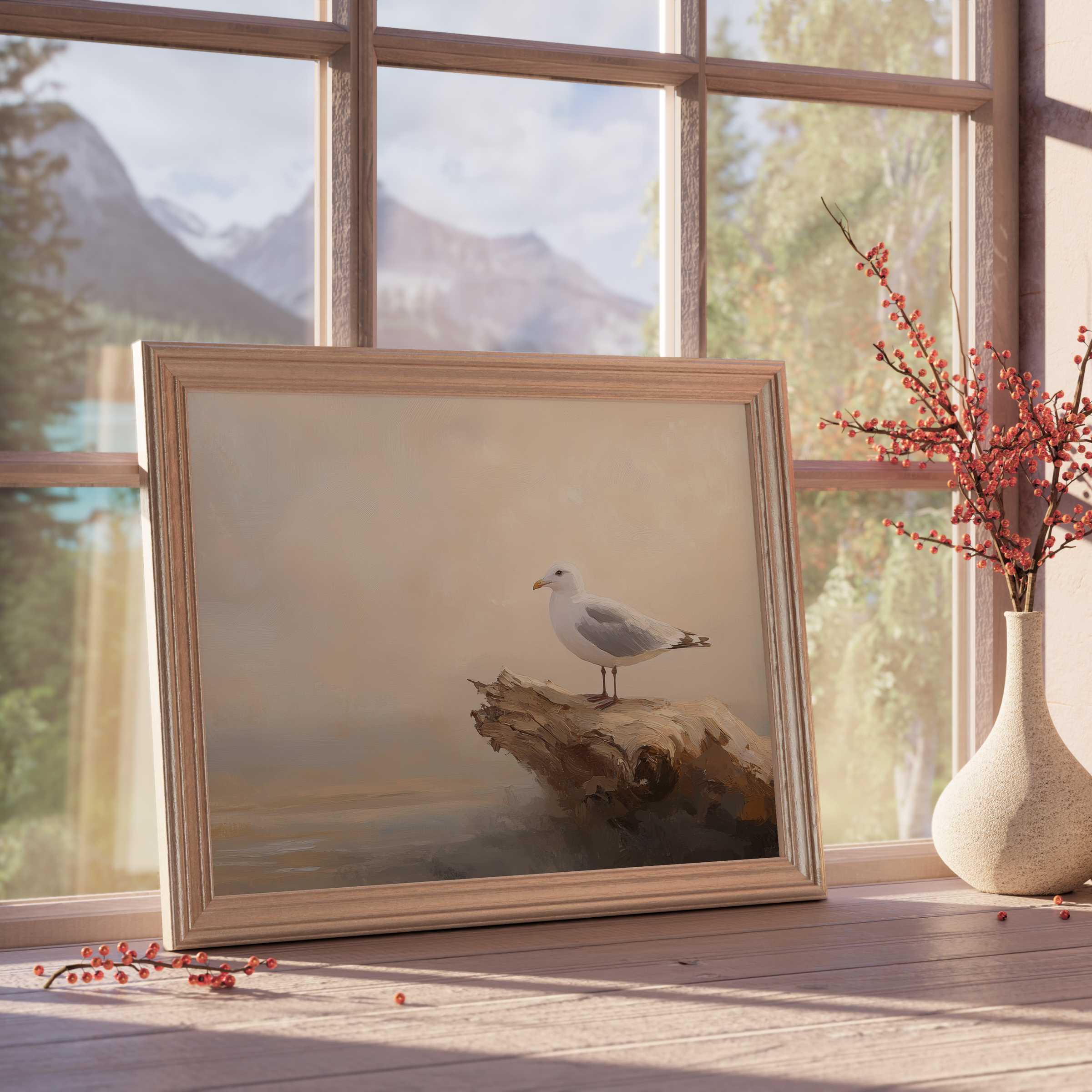 Coastal downloadable art featuring a serene seagull on driftwood, perfect for tranquil, curated, beach-inspired interiors