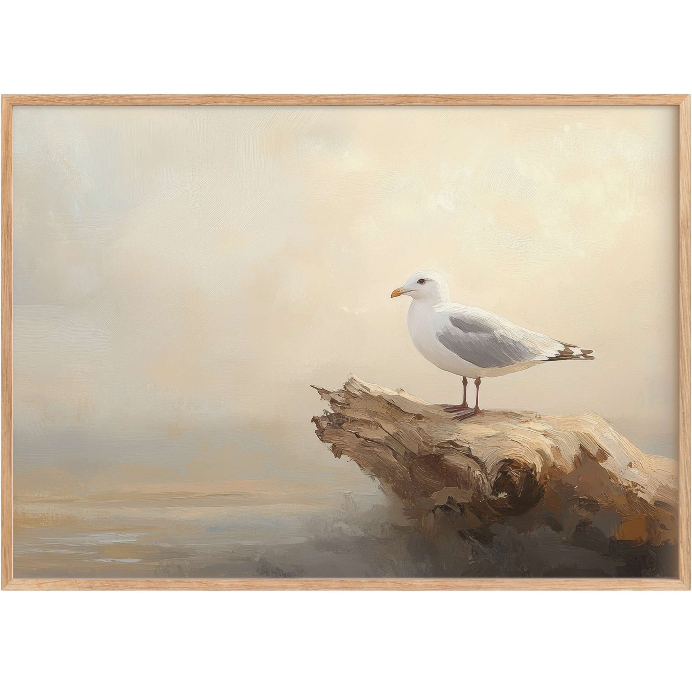 Coastal printable wall art with a serene seagull perched on weathered driftwood, evoking tranquil sandy beige and soft gray calm
