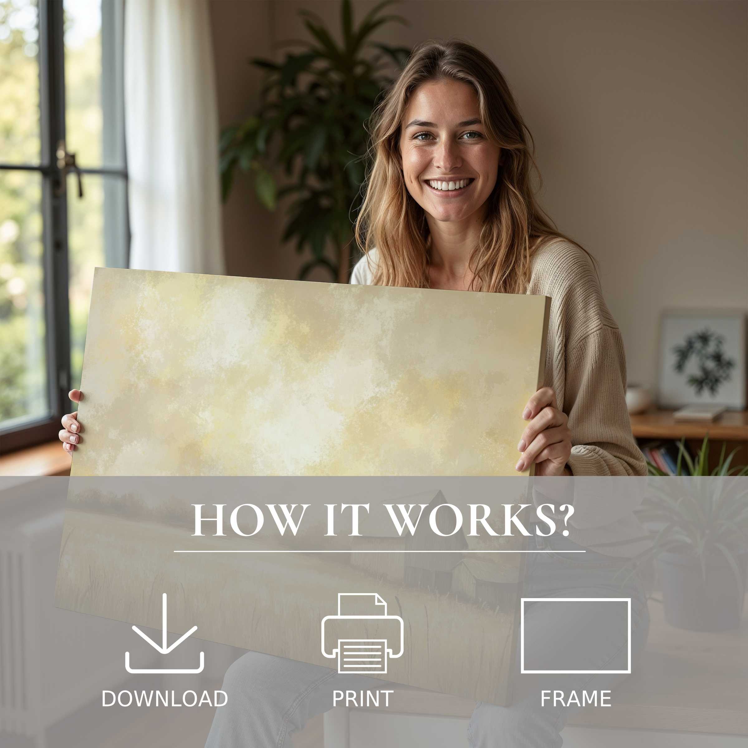 Woman joyfully embracing a soft-hued landscape digital art print in a sunlit, modern home, celebrating the ease and warmth of living with art