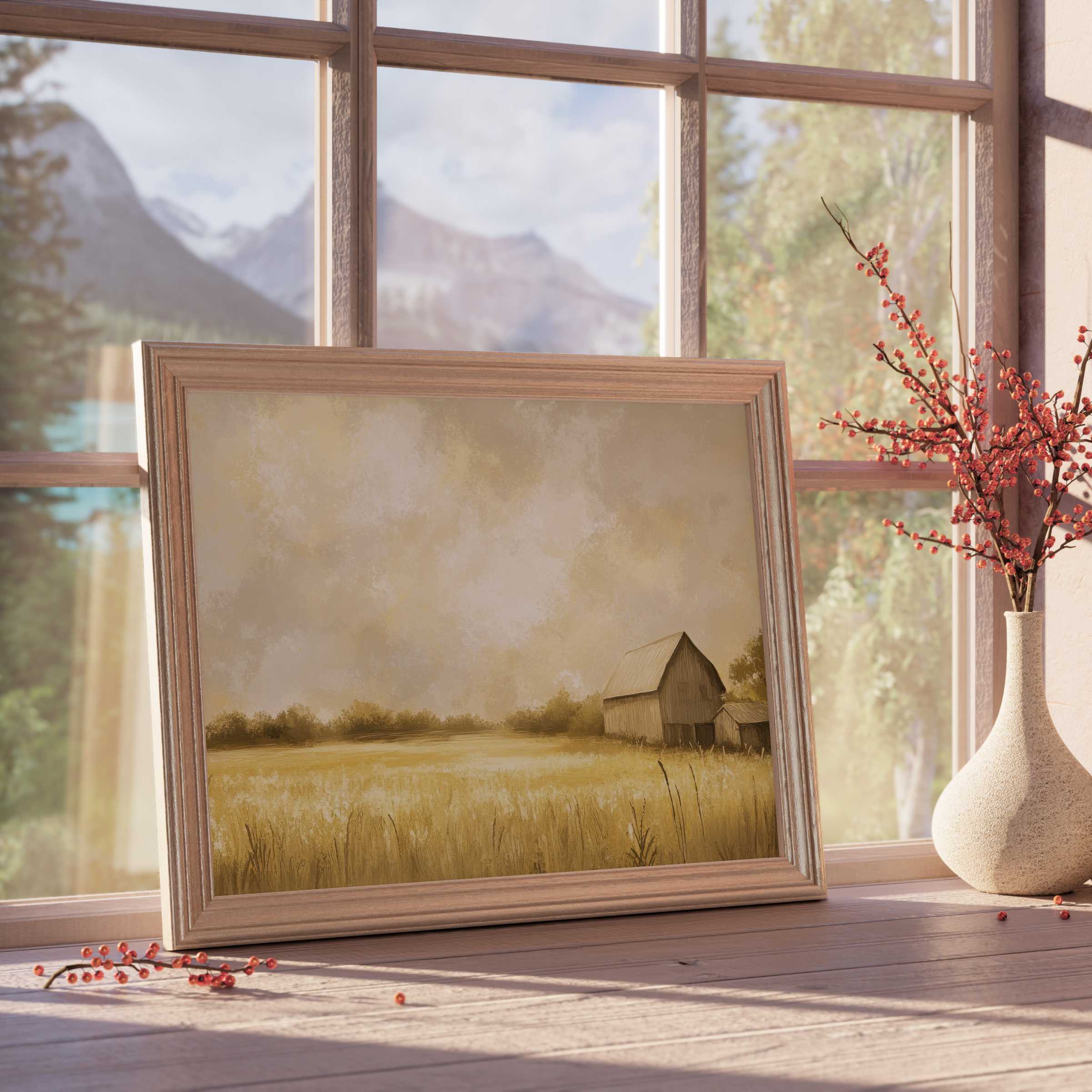 Serene landscape downloadable art featuring a soft golden field and rustic barn, elevating tranquil, curated interiors with warm, natural charm