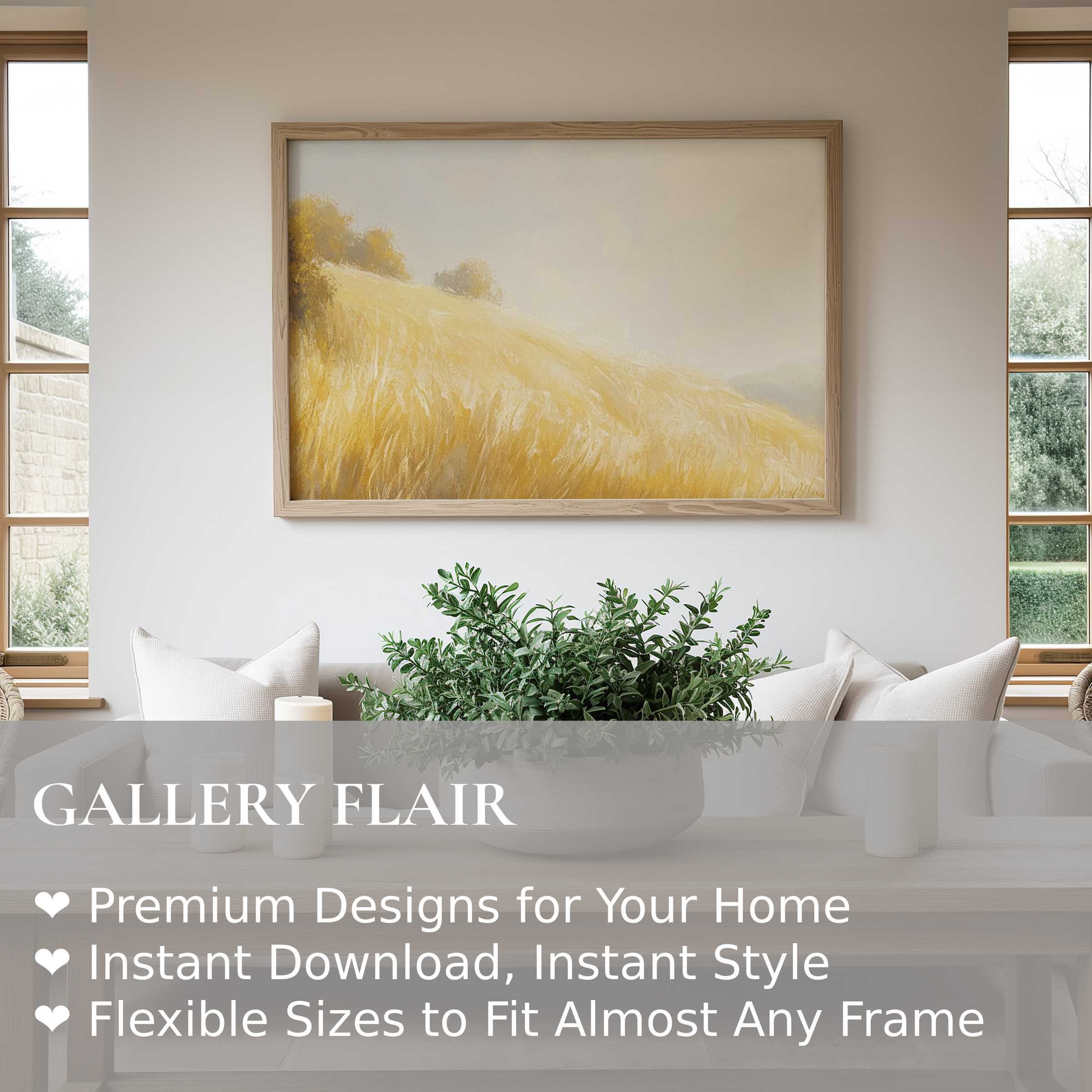 Summer wall art print featuring a radiant golden wheat field in soft, calming tones; elevates modern minimalist interiors with natural warmth