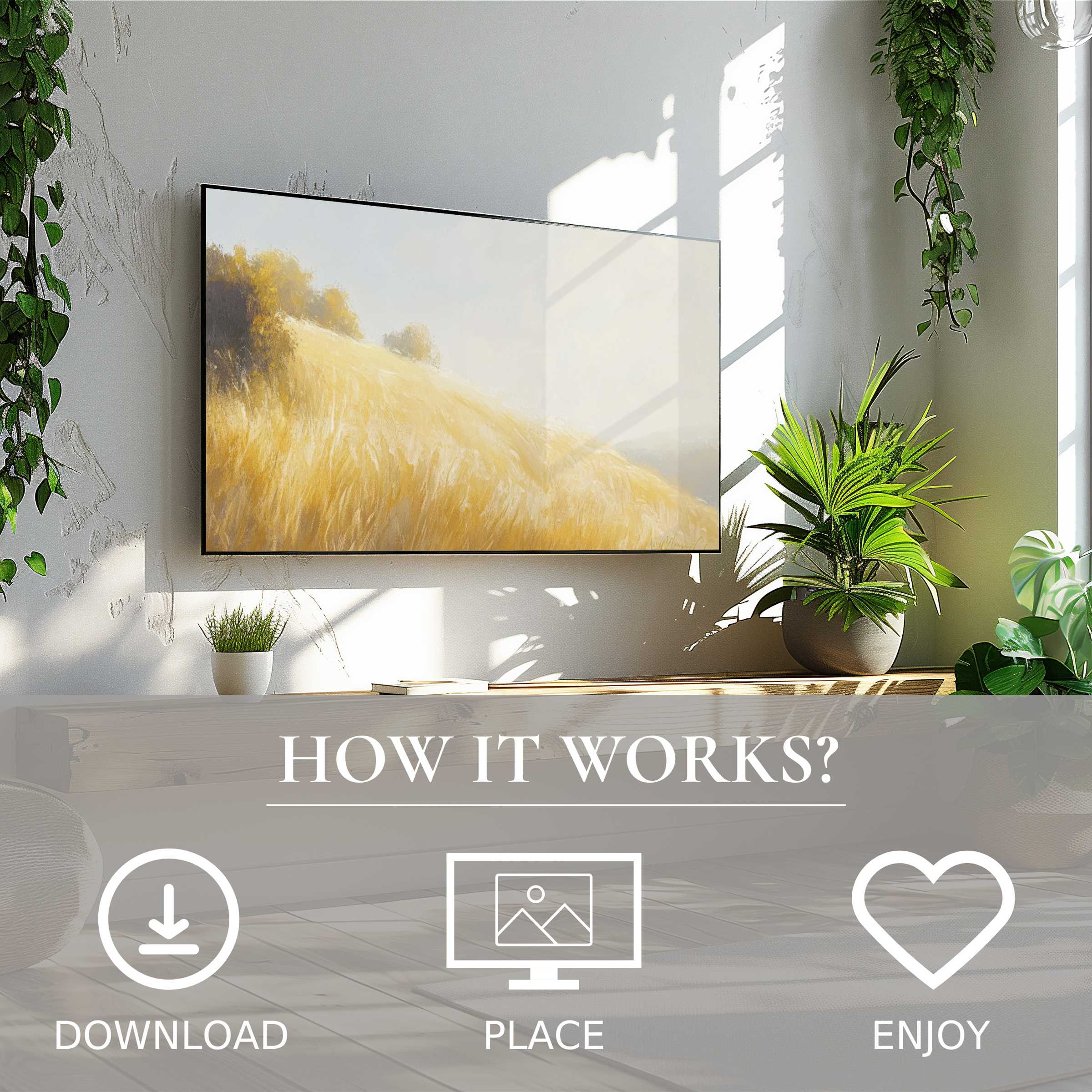 Summer art for Samsung TV: digital download shows soft sunset tones, enriching living space with easy, elegant decor flow