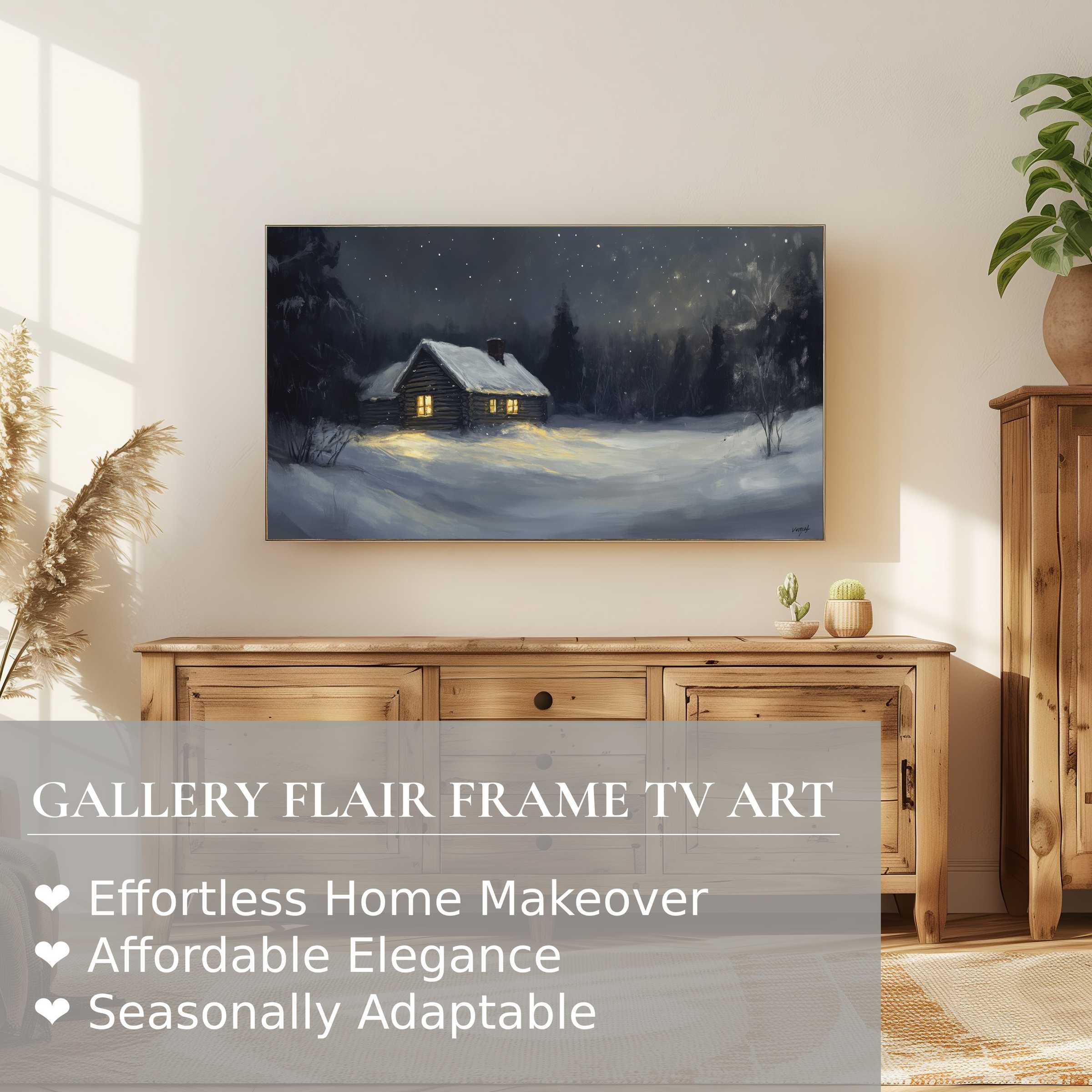 Samsung Frame TV displays elegant christmas digital artwork of a cozy snowy cabin in a modern living room