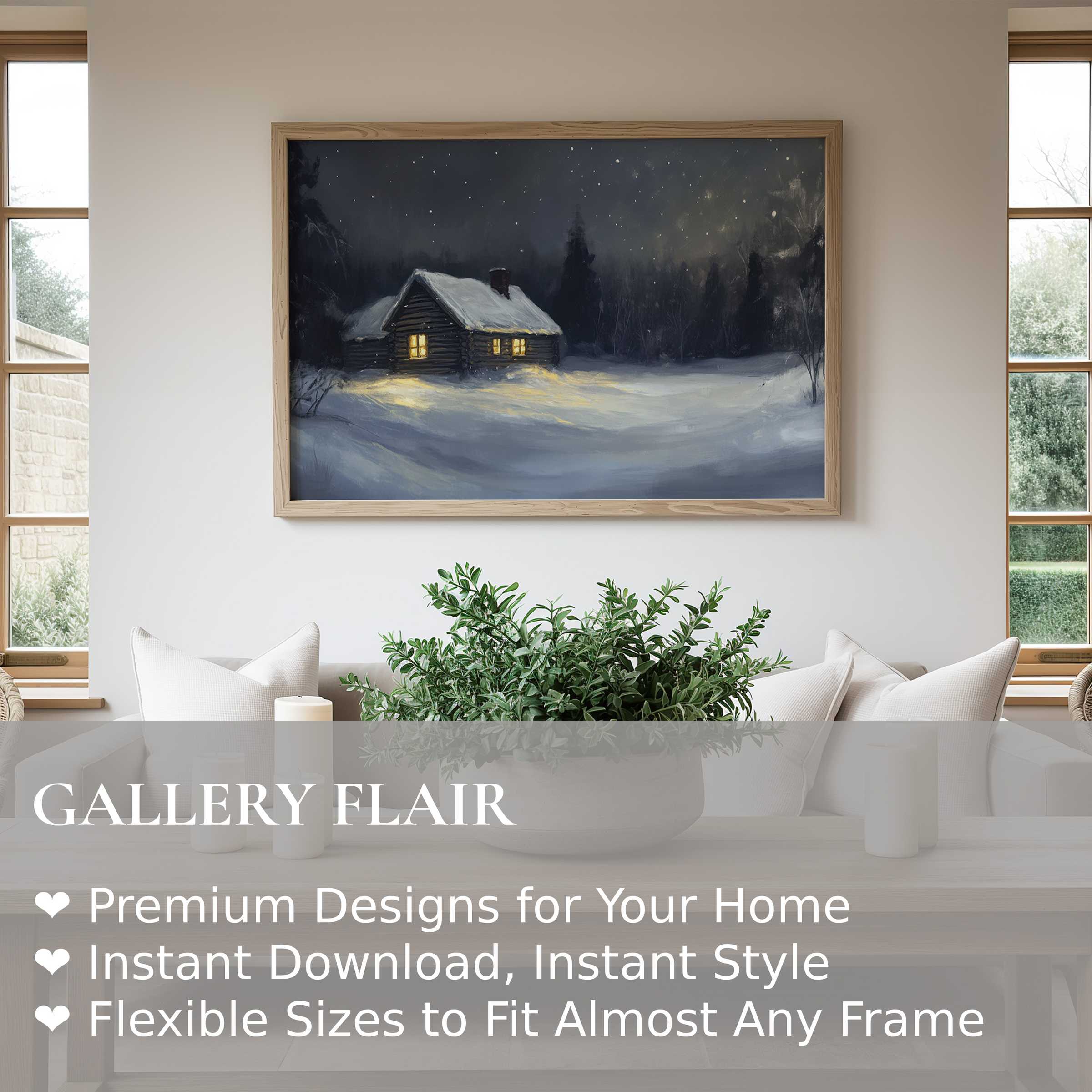 Christmas wall art print featuring a serene snowy cabin scene with warm, glowing windows enhancing modern minimalist interiors, radiating cozy elegance