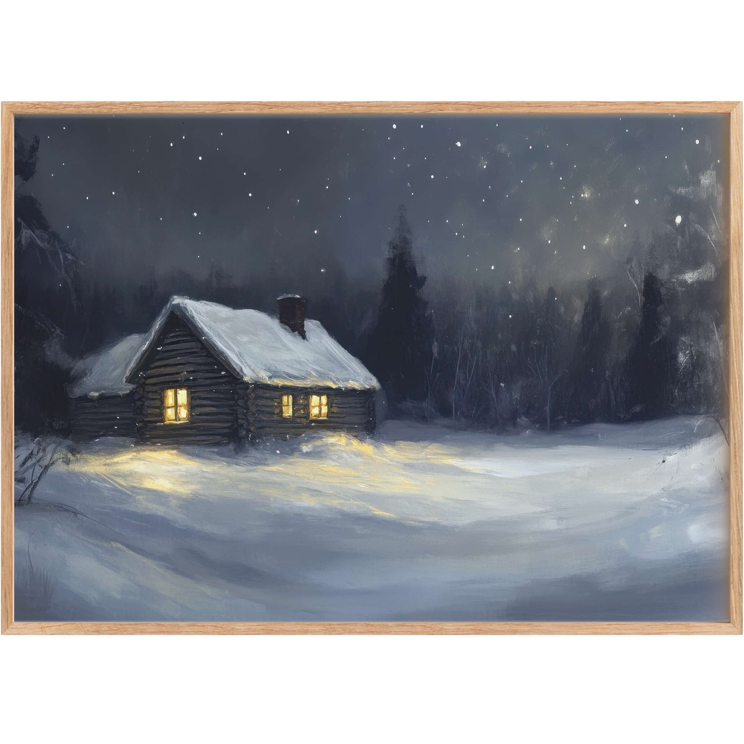 Enchanting Christmas printable wall art capturing a cozy cabin aglow under a starry, serene night sky with soft snow hues