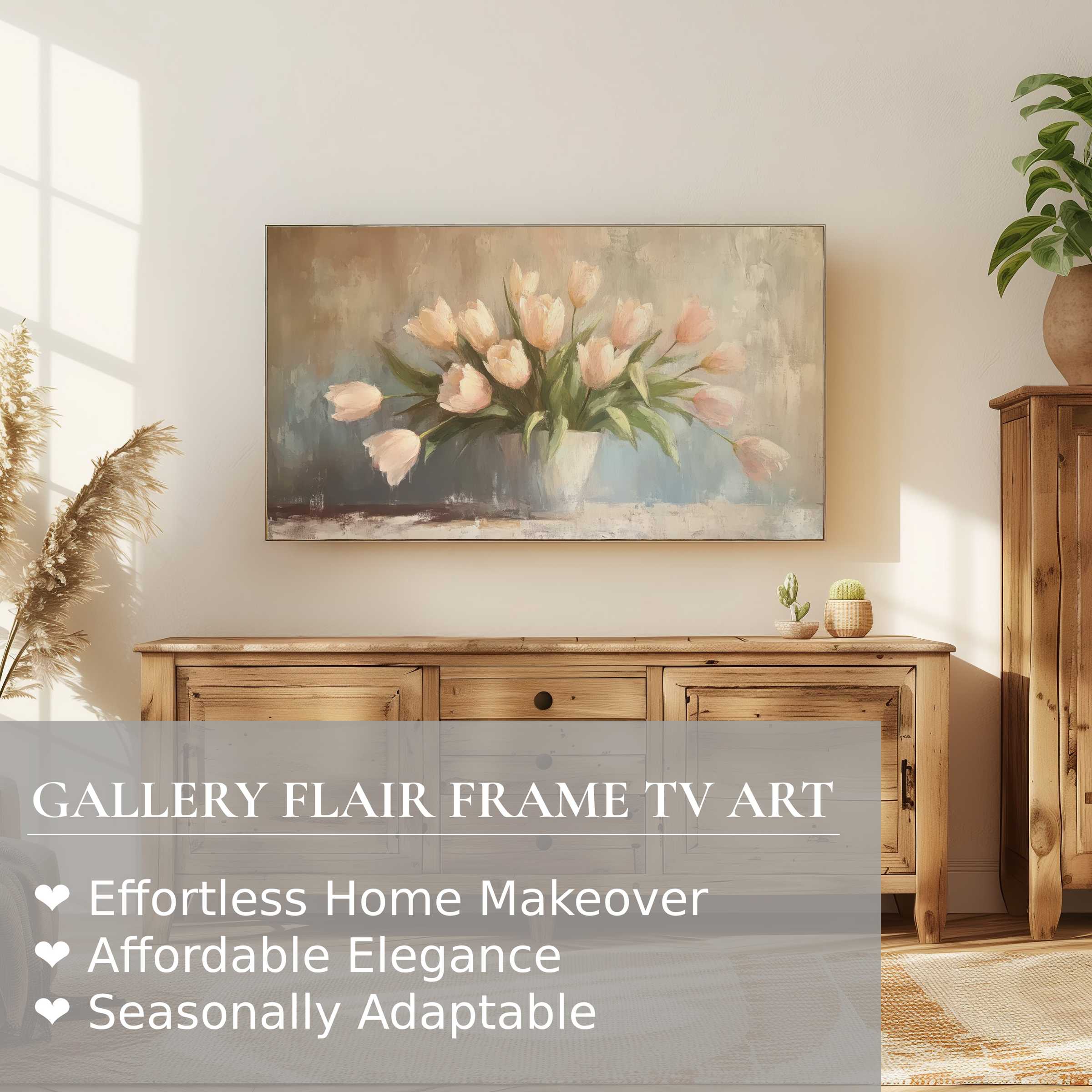 Modern living room with warm wood tones, soft lighting, and spring digital artwork on Samsung Frame TV