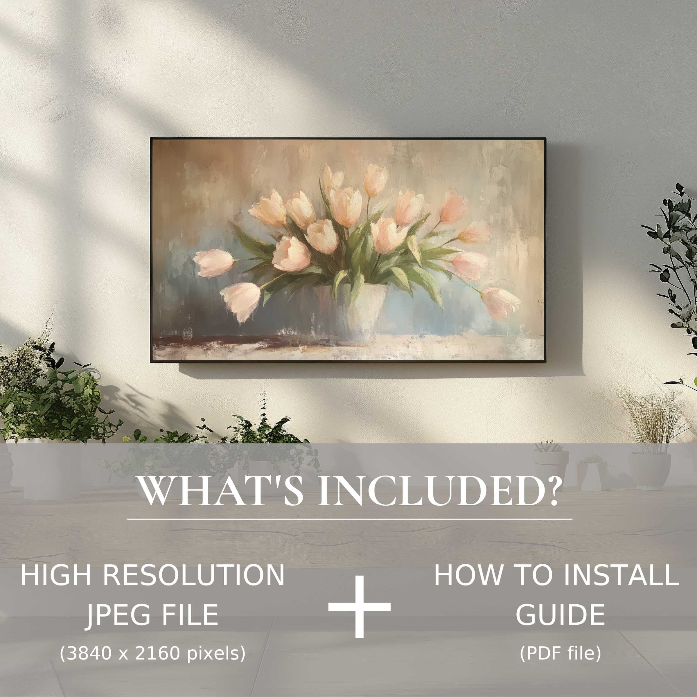 Elegant spring digital TV art download of soft tulips enhances modern living spaces with easy digital use and installation guide