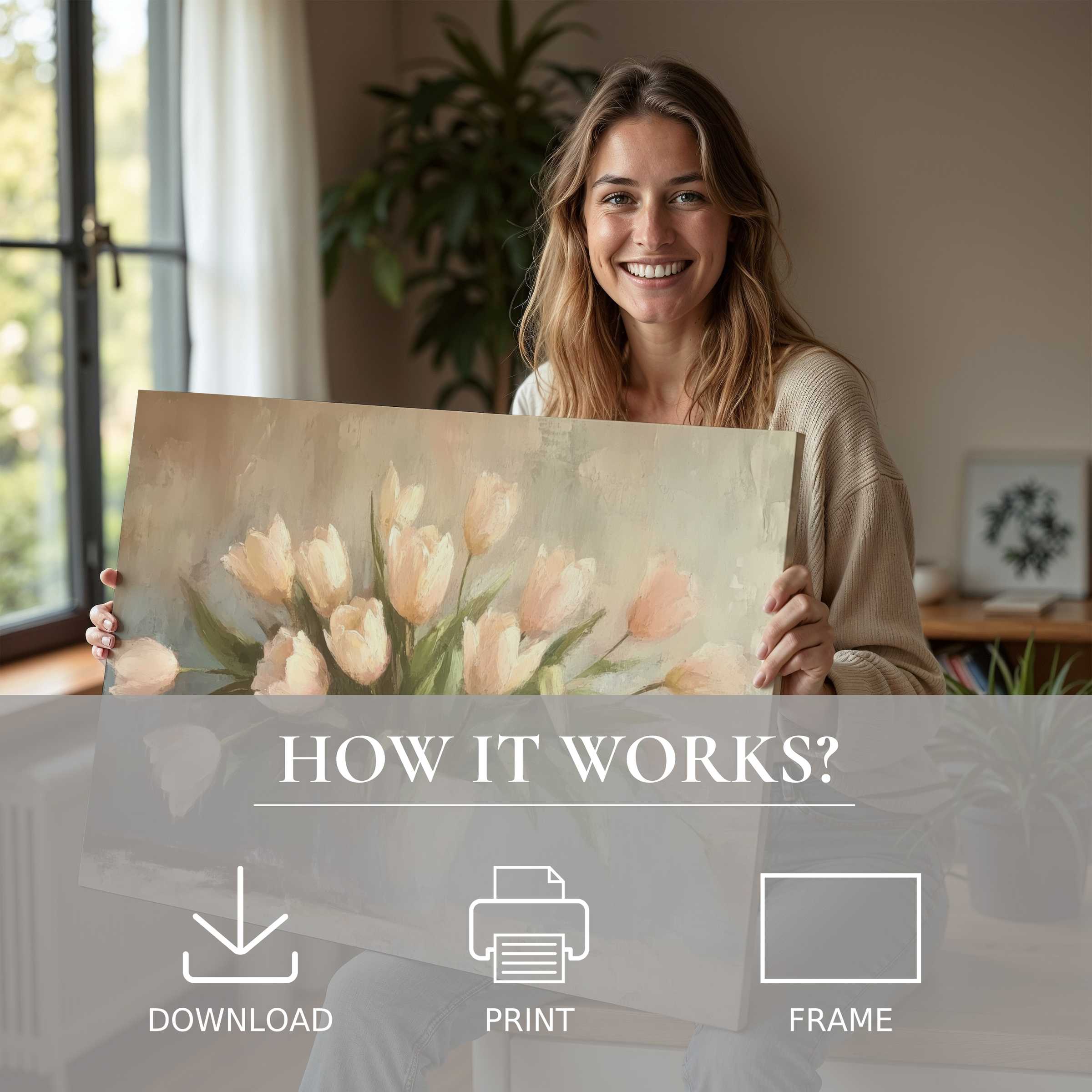 A joyful moment in a modern home embracing spring digital art print, where effortless beauty transforms living spaces