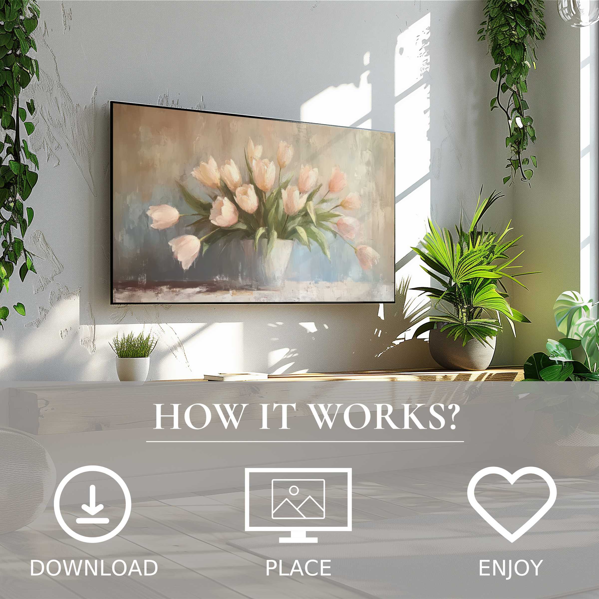 Spring art for Samsung TV shows soft pastel tulips on The Frame TV, easy digital download enriches any modern living space