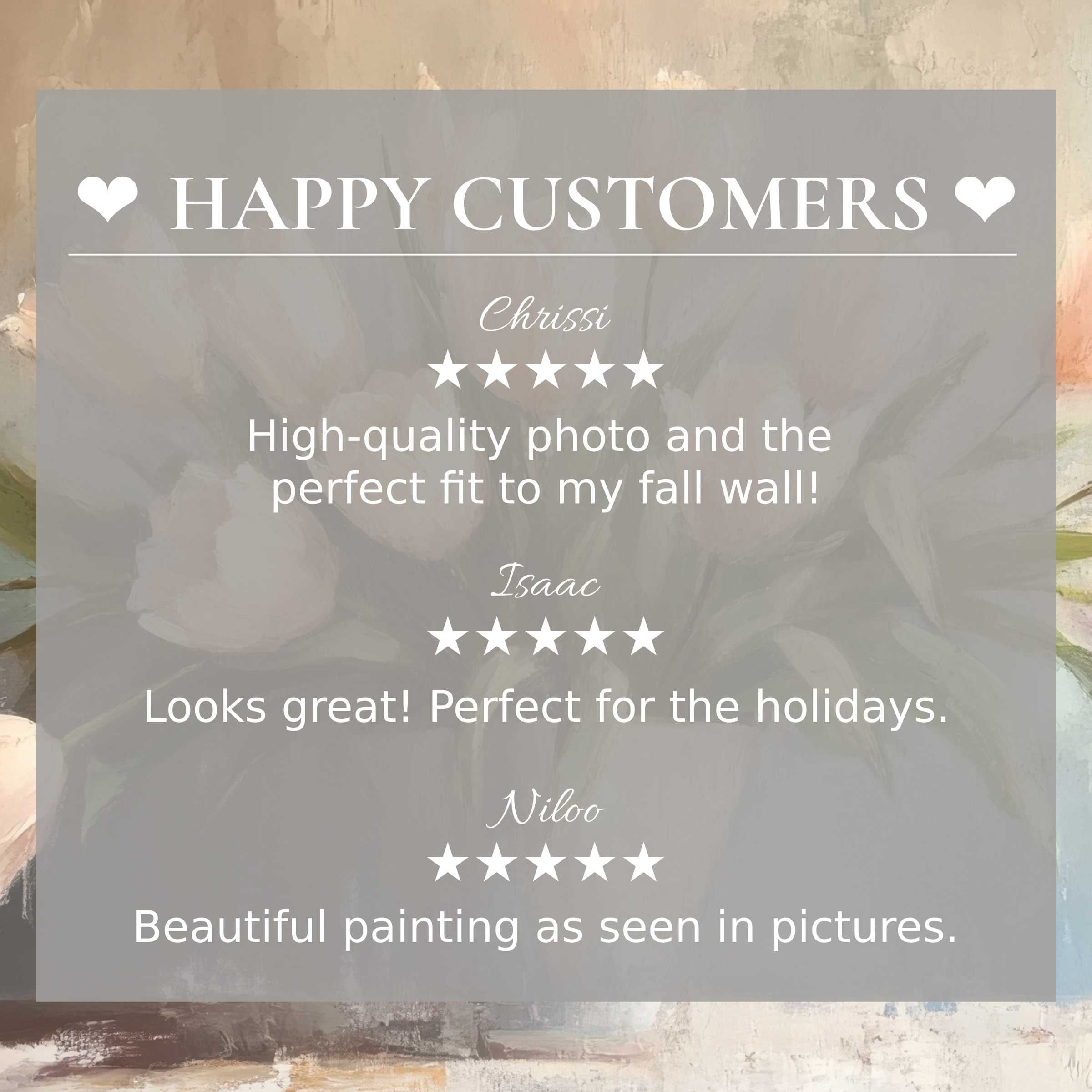 Positive reviews highlight elegant spring art for Frame TV with abstract muted floral hues; happy customer trust evident