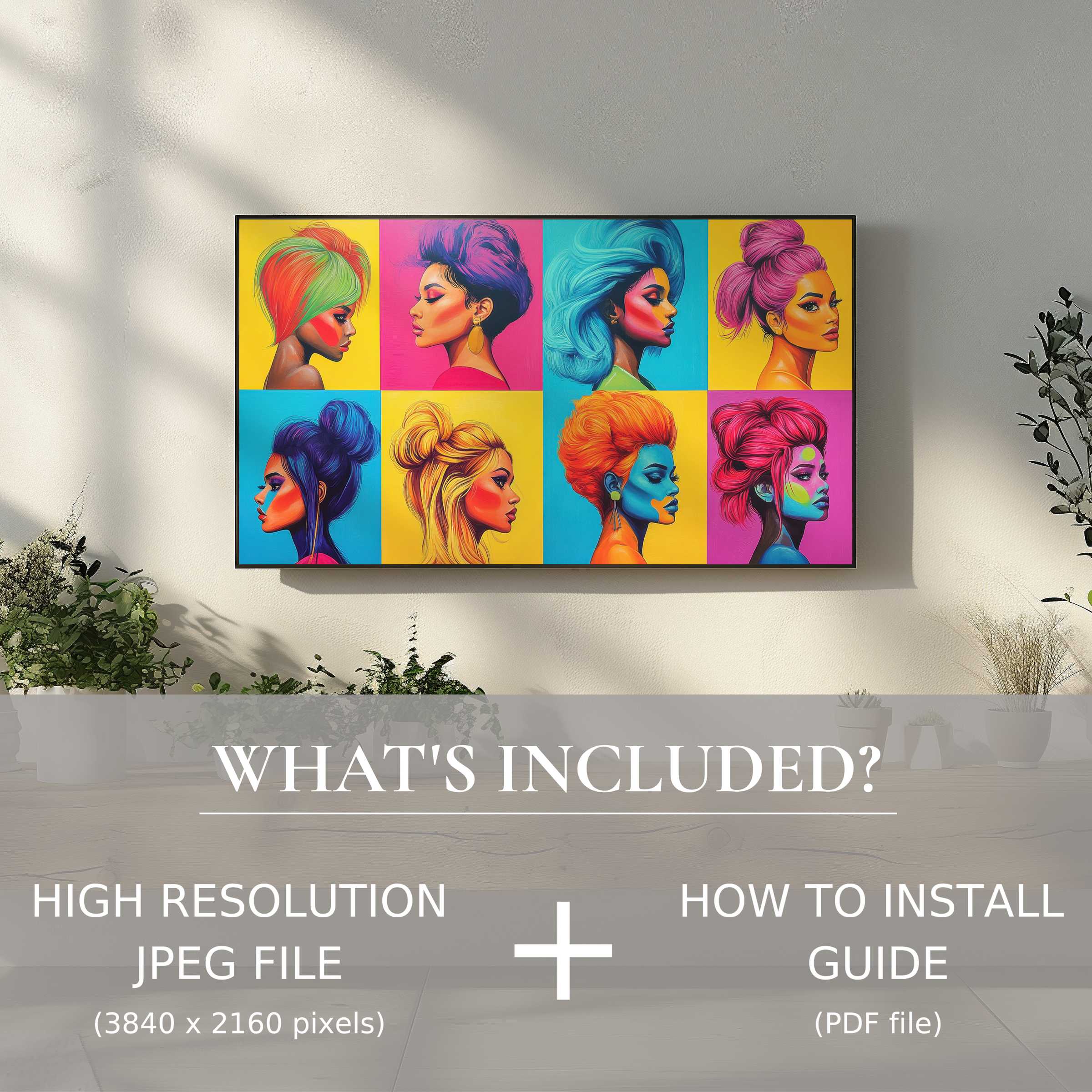 Vibrant pop art digital TV art download enhances chic living spaces with easy high-res digital use and modern style elegance