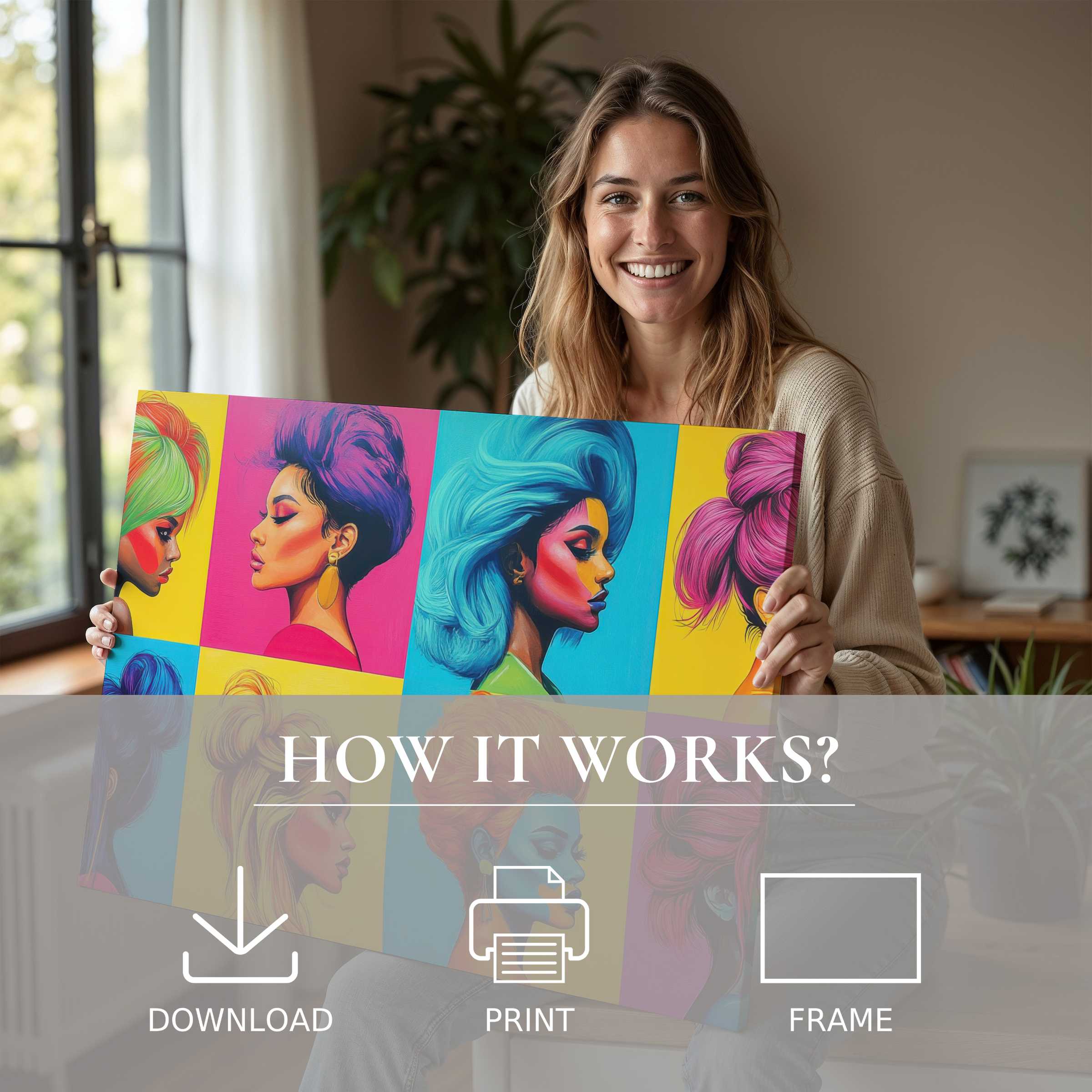 A serene moment of joy in modern living, inspired by vibrant pop art digital art print elevating everyday spaces