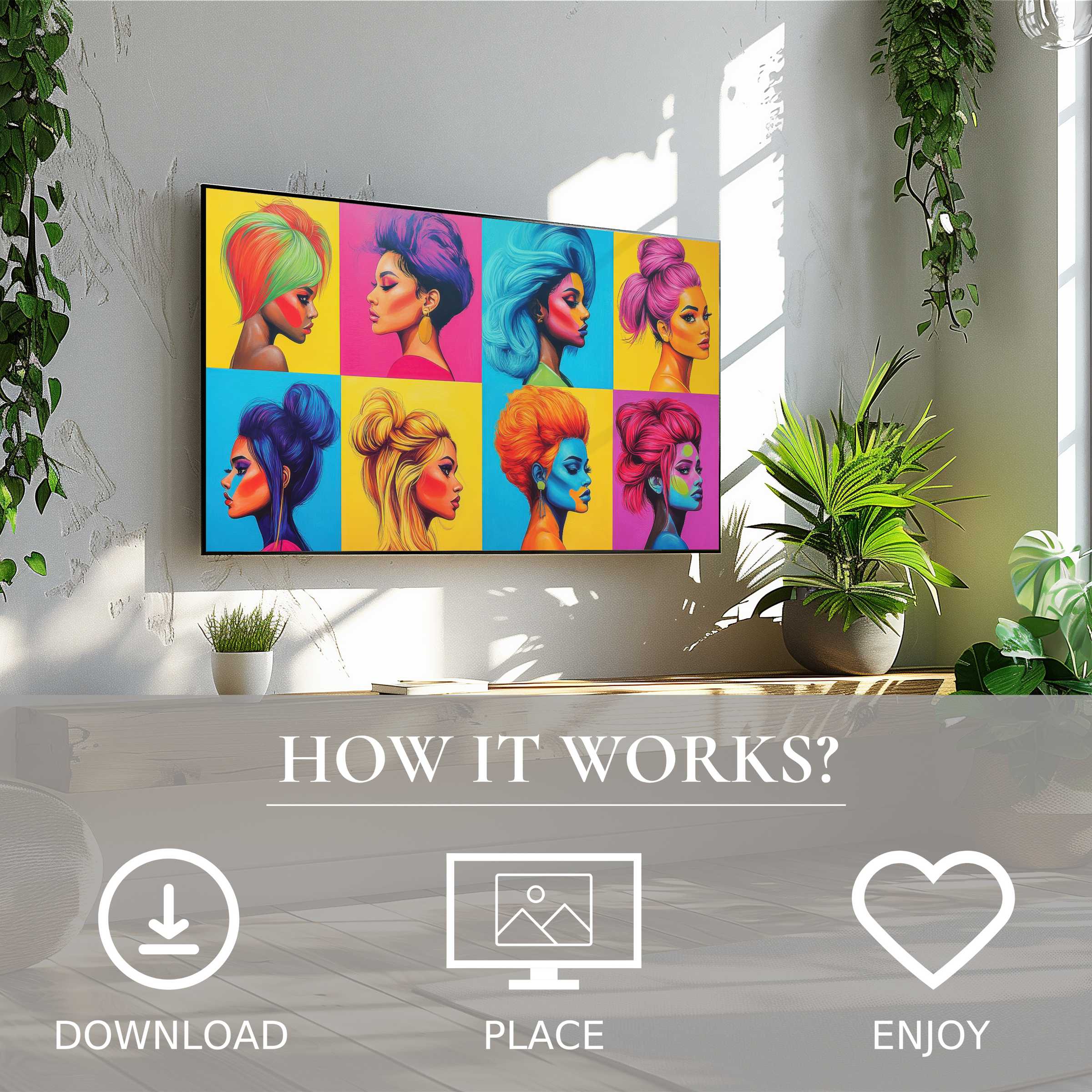 Pop art art for Samsung TV with vibrant portraits, easy digital download to enrich modern living spaces with bold style