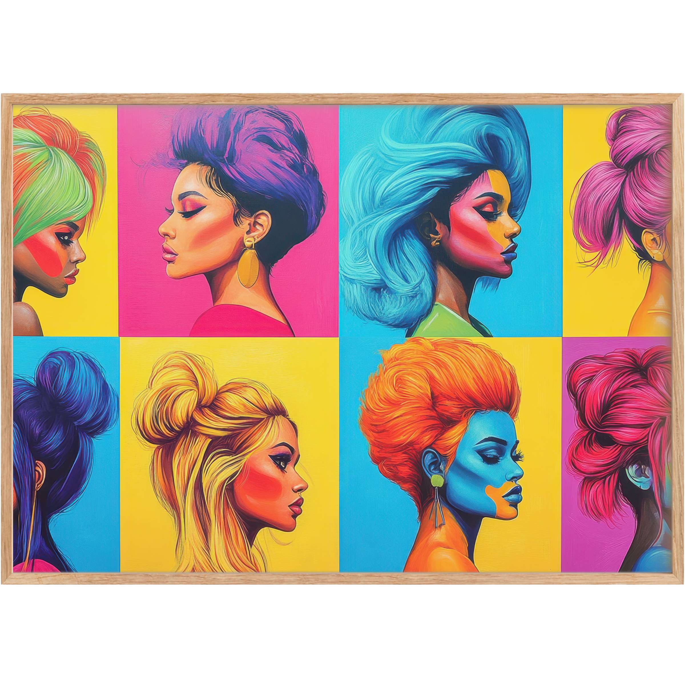 Vibrant pop art printable wall art featuring bold, stylized female portraits in vivid blues, pinks, and yellows, radiating dynamic confidence and modern elegance