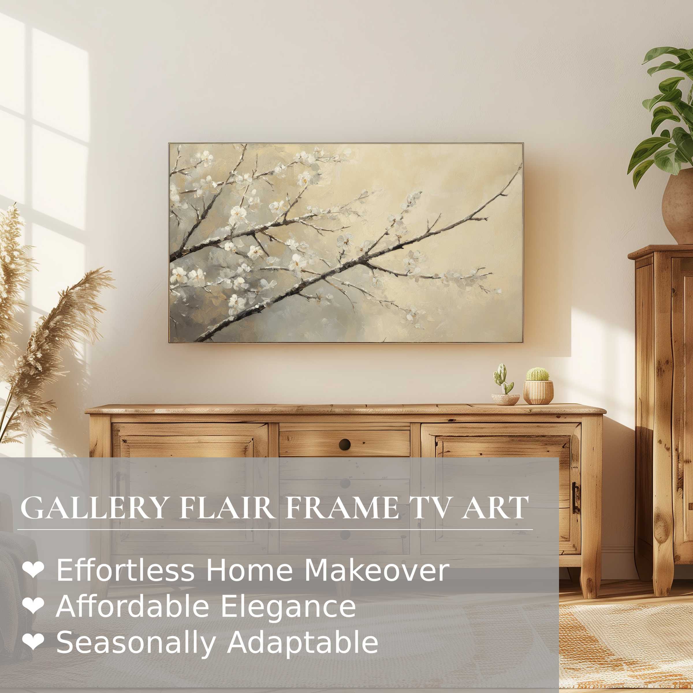 Samsung Frame TV displays serene winter digital artwork of delicate blossoms in a warm, minimalist setting