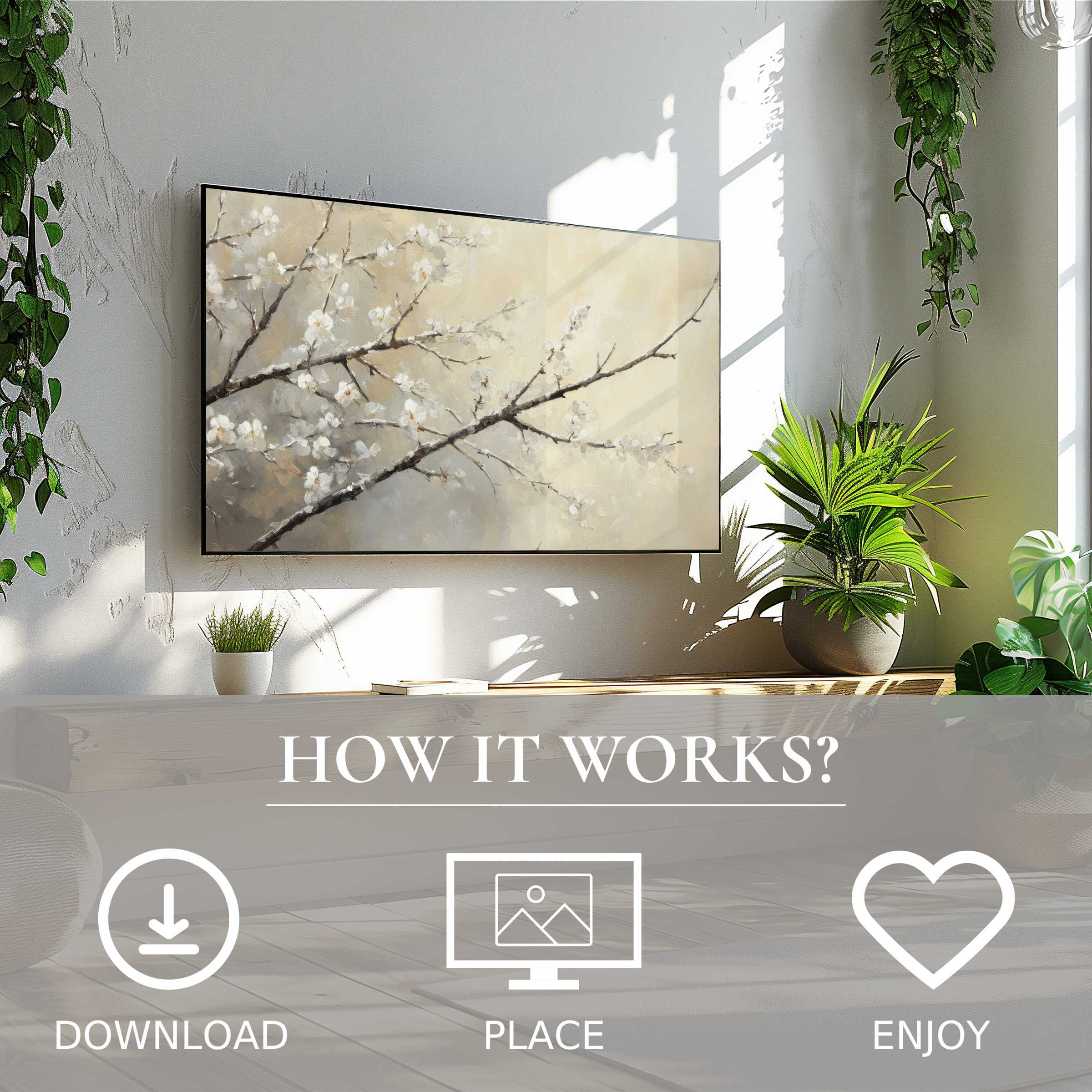 Winter art for Samsung TV shows soft blossom branches, easy digital download enriches modern living space