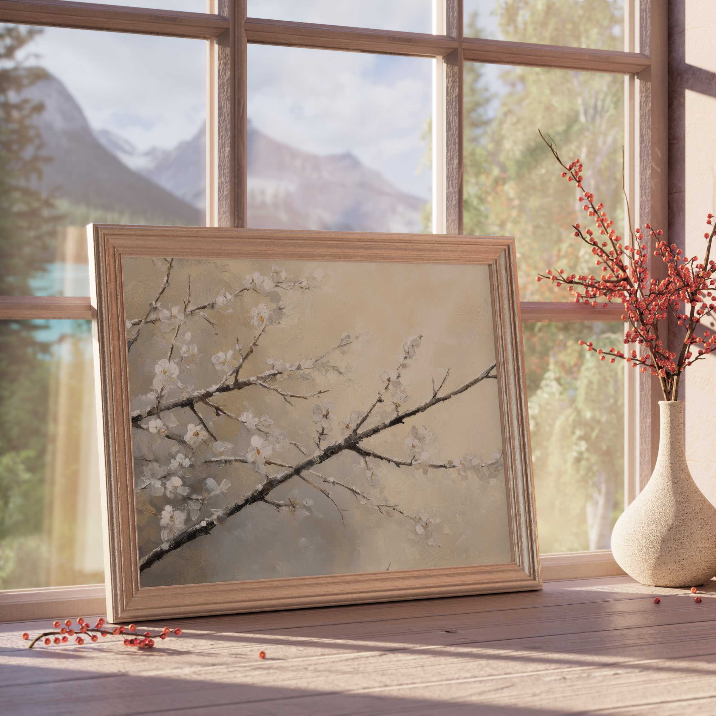 Winter downloadable art capturing delicate blossoms in soft neutrals, bringing calm elegance and refined warmth to curated, modern interiors