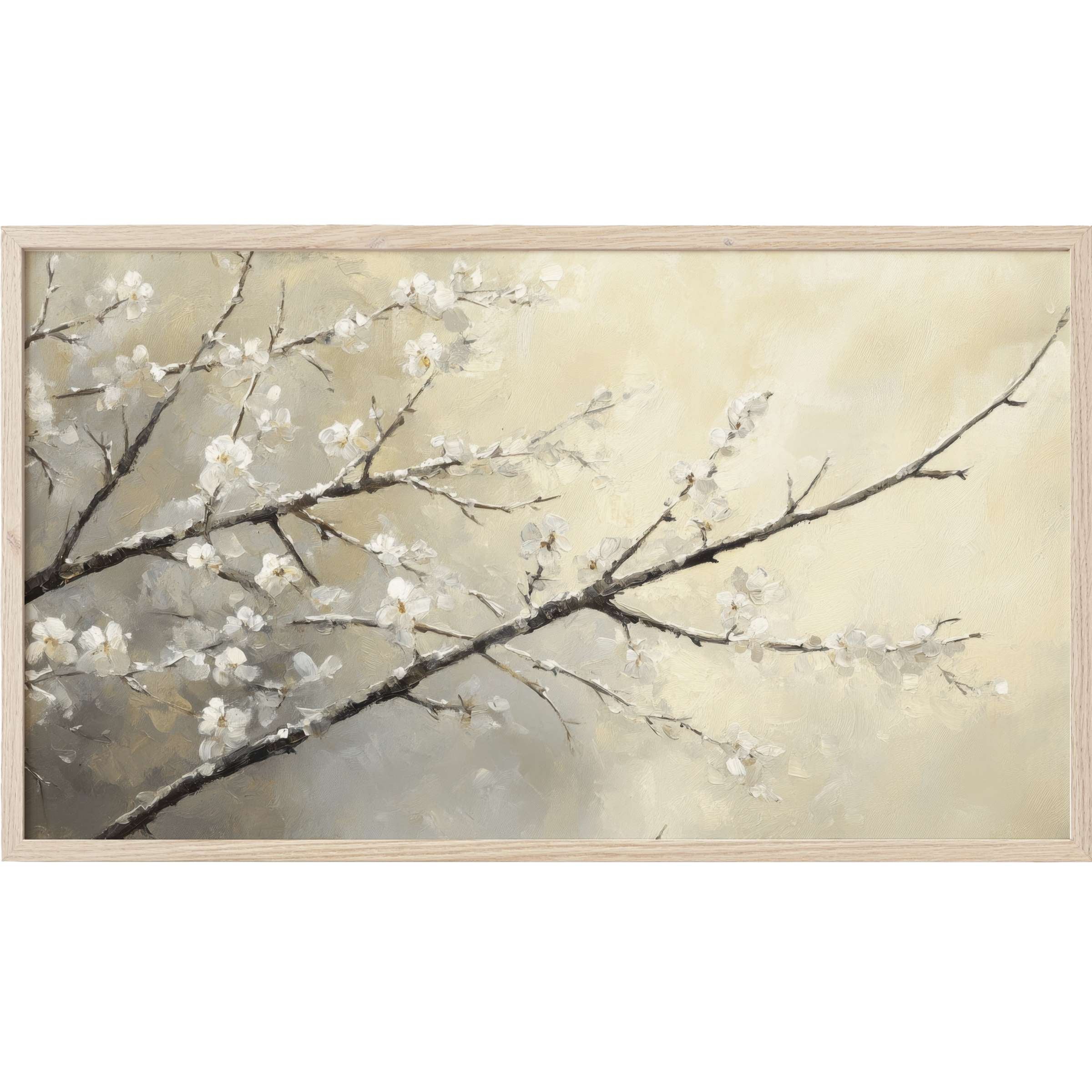 Elegant winter Frame TV Art with soft white blossoms on muted beige and gray branches in a modern, textured style