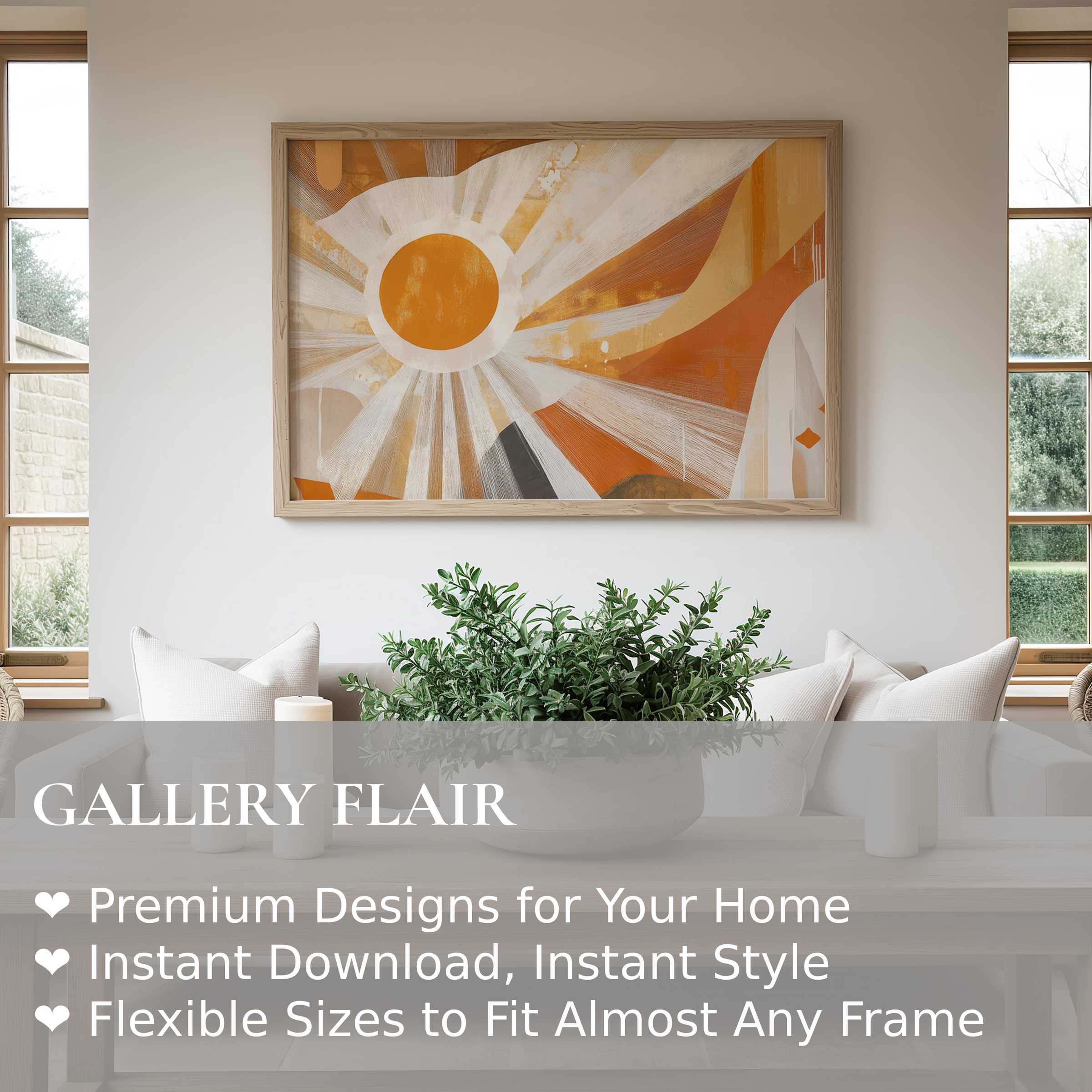 Boho wall art print with warm sunburst hues, adding radiant energy and modern warmth to minimalist, natural living spaces