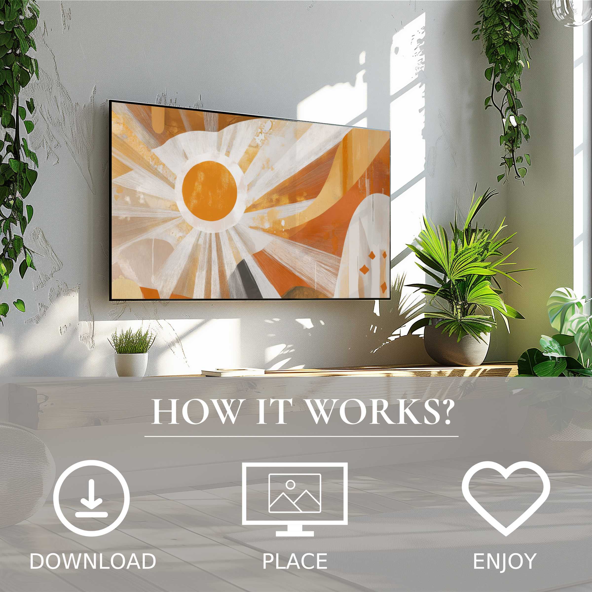 Boho art for Samsung TV with warm sunset tones, easy digital download, enriching modern living spaces effortlessly