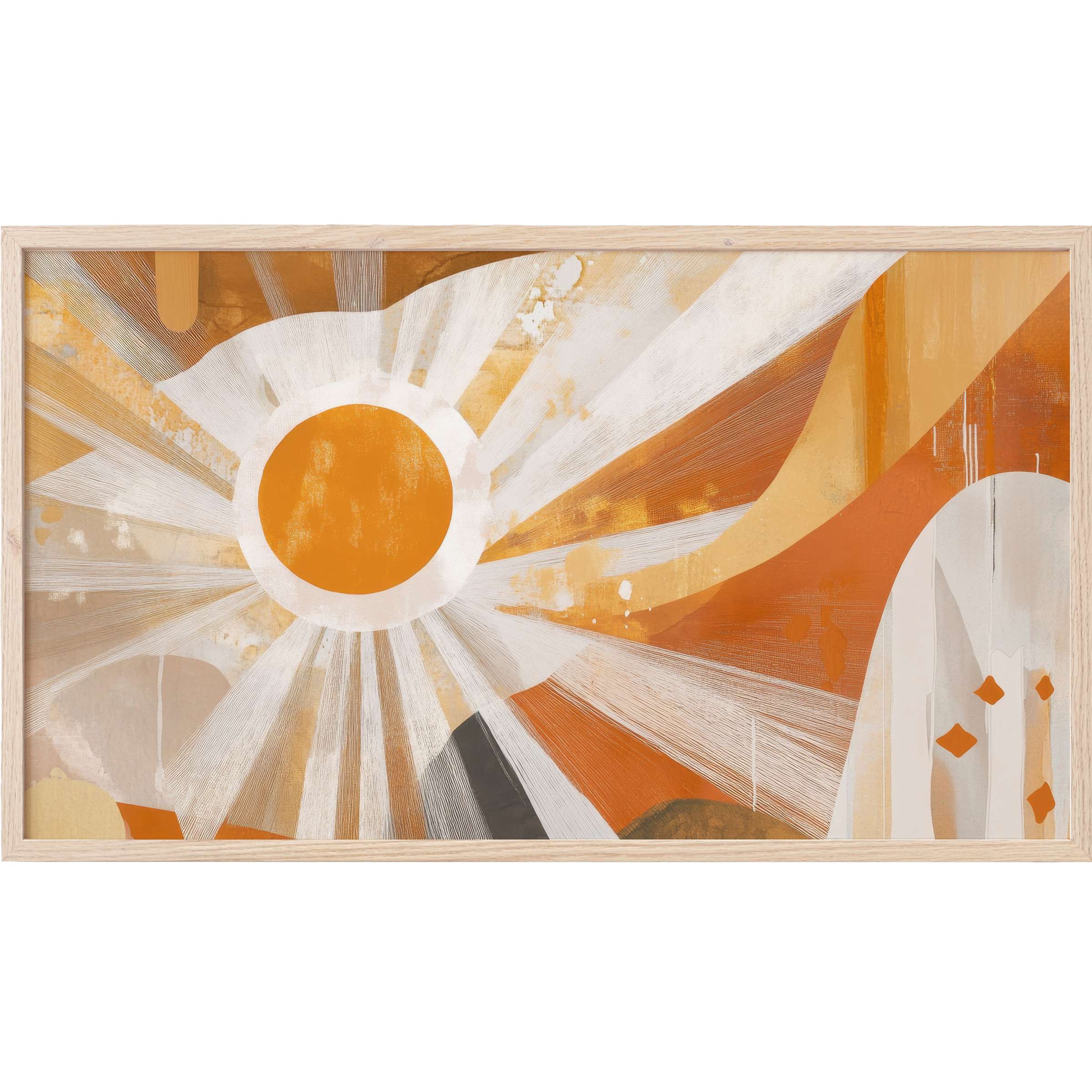 Abstract sunburst in warm ochre, cream, and rust hues with soft textures, perfect boho Frame TV Art for chic spaces