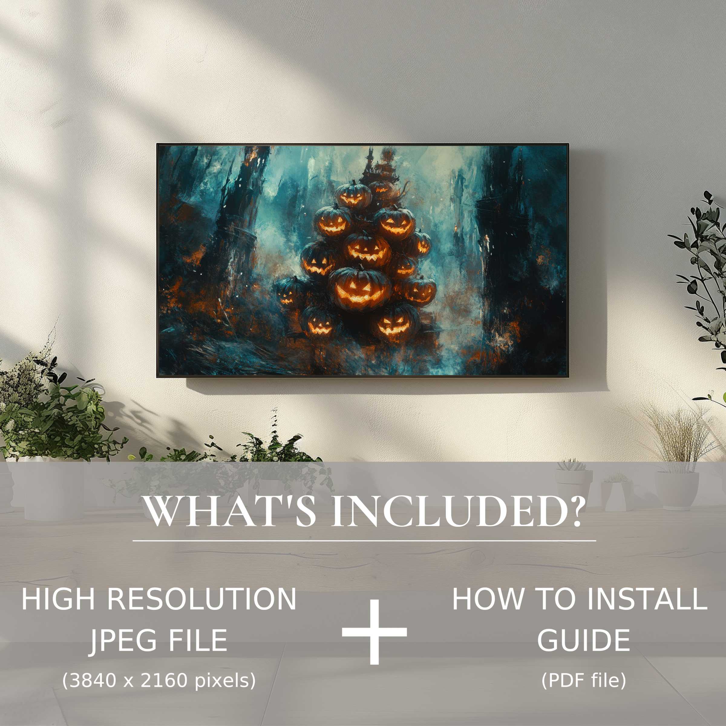 Elegant Halloween digital TV art download showcasing glowing pumpkins, easily enhancing any modern living space