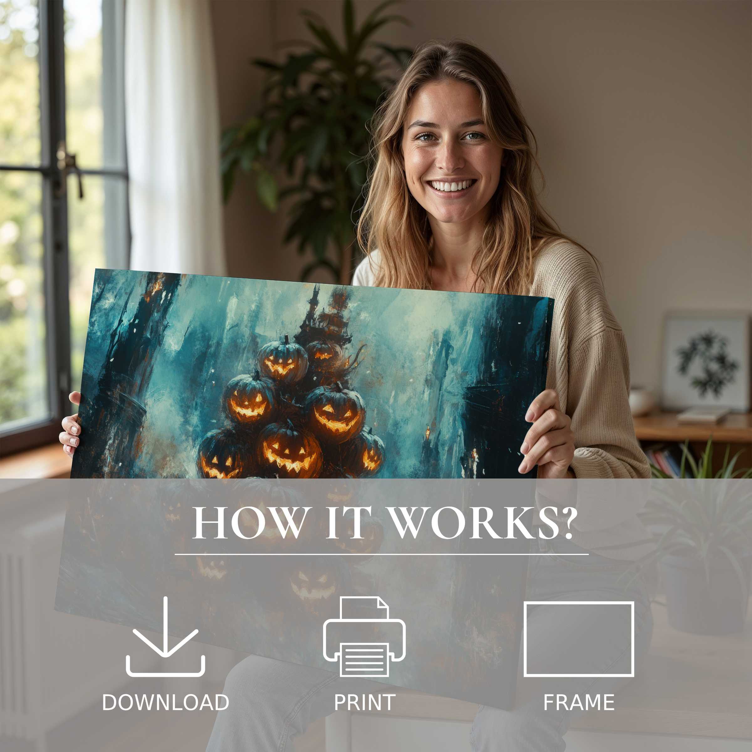 A serene moment of joy as a woman embraces a Halloween digital art print, inviting effortless elegance and warmth into modern living spaces
