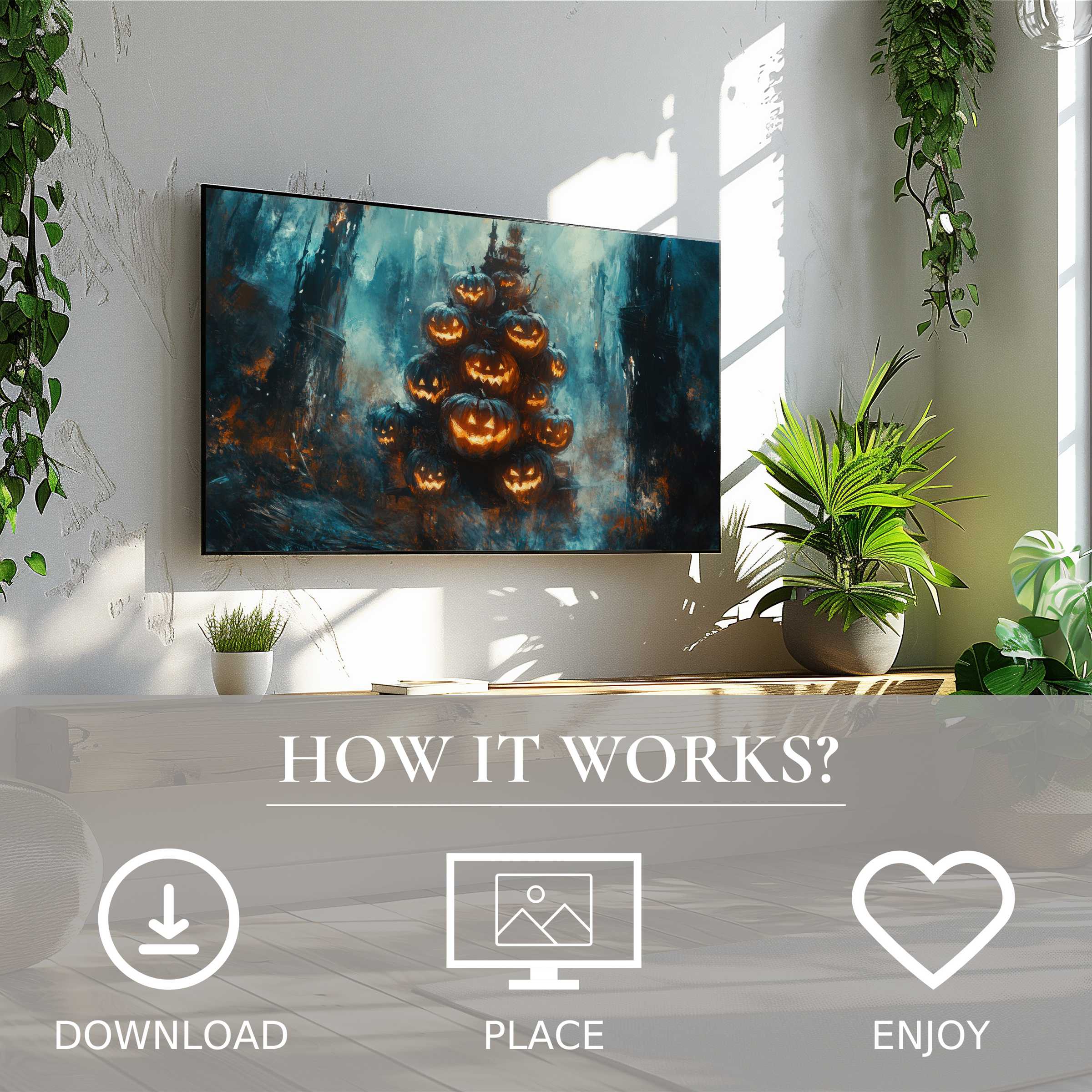 Modern living room with easy digital download Halloween art for Samsung TV; glowing pumpkin cluster in moody blue tones