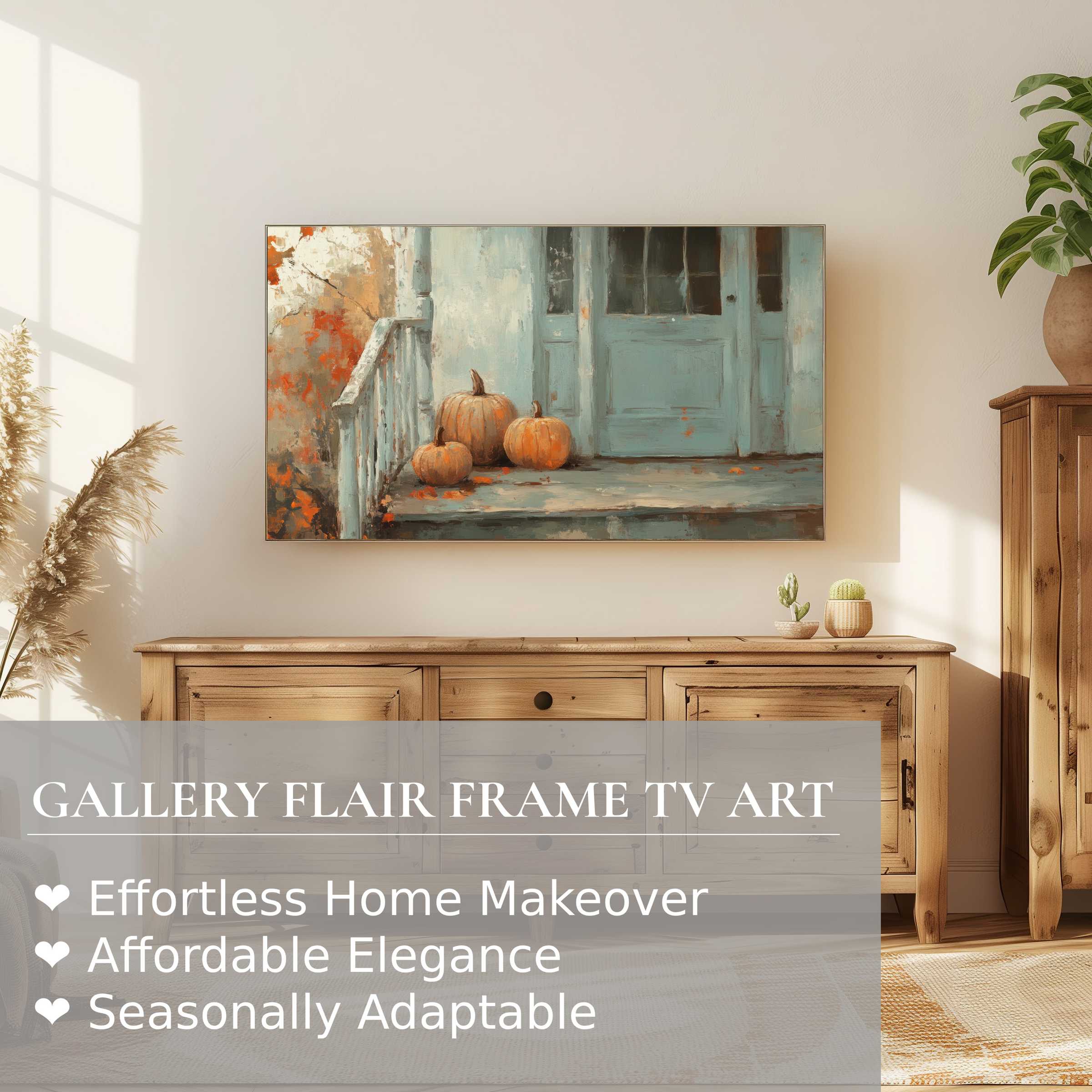 Samsung Frame TV showcasing fall digital artwork of rustic pumpkins on a vintage porch in a warm, elegant setting