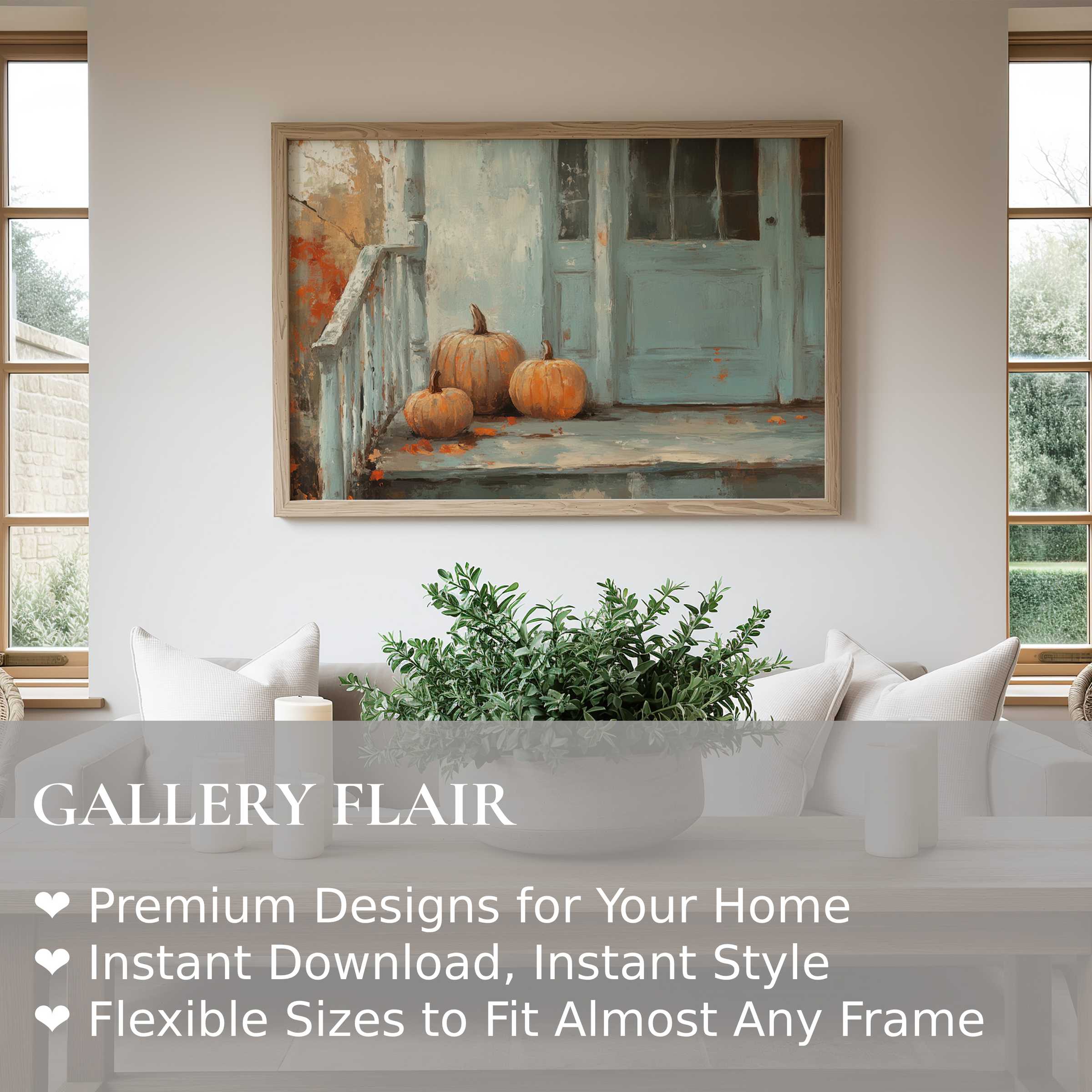 Fall wall art print featuring rustic pumpkins on a weathered porch in soft, muted tones, enhancing serene modern farmhouse interiors with warm, inviting charm