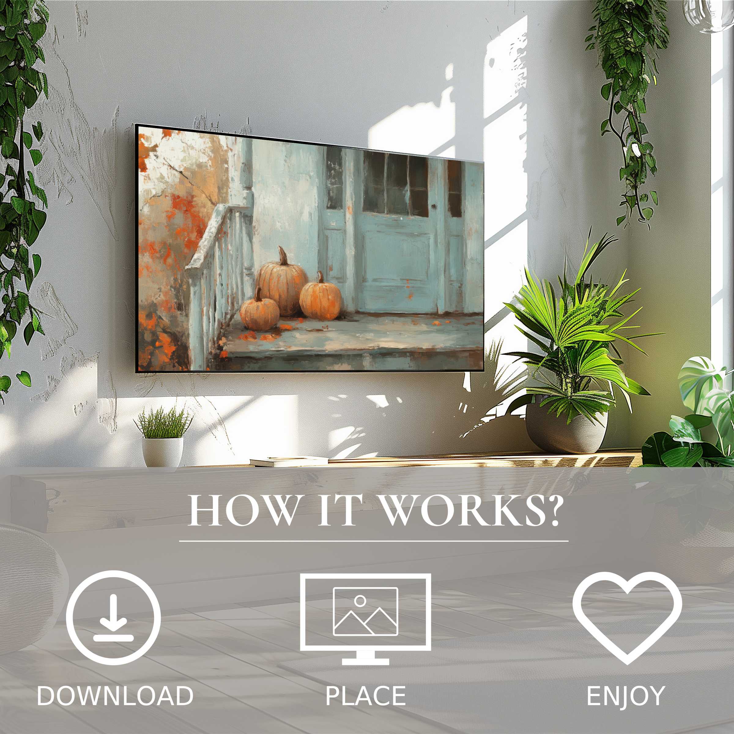 Fall art for Samsung TV shows soft pumpkin tones on The Frame TV, easy digital download enriching modern living spaces