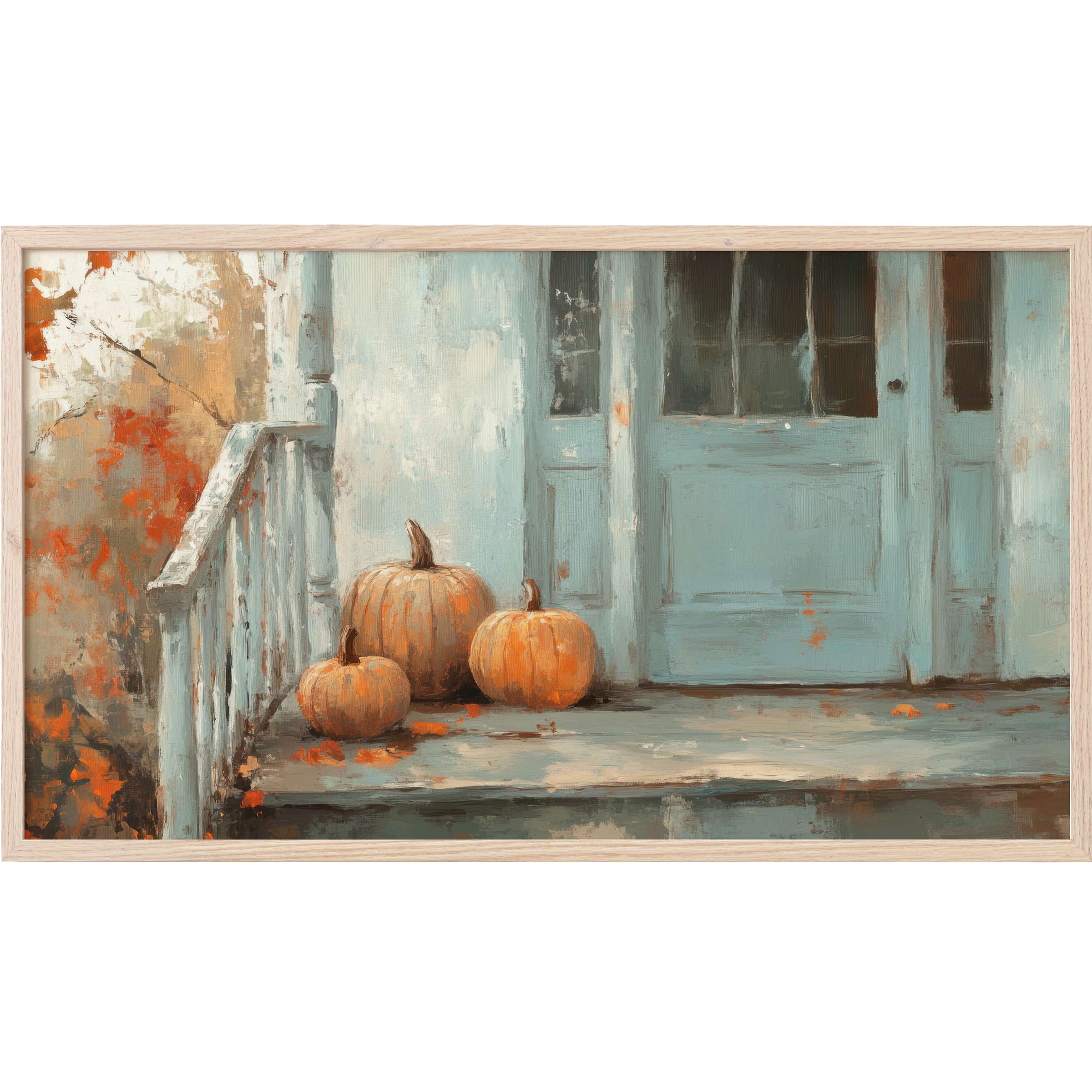 Fall Frame TV Art featuring rustic blue porch, textured pumpkins, and warm autumnal orange accents in a softly muted palette