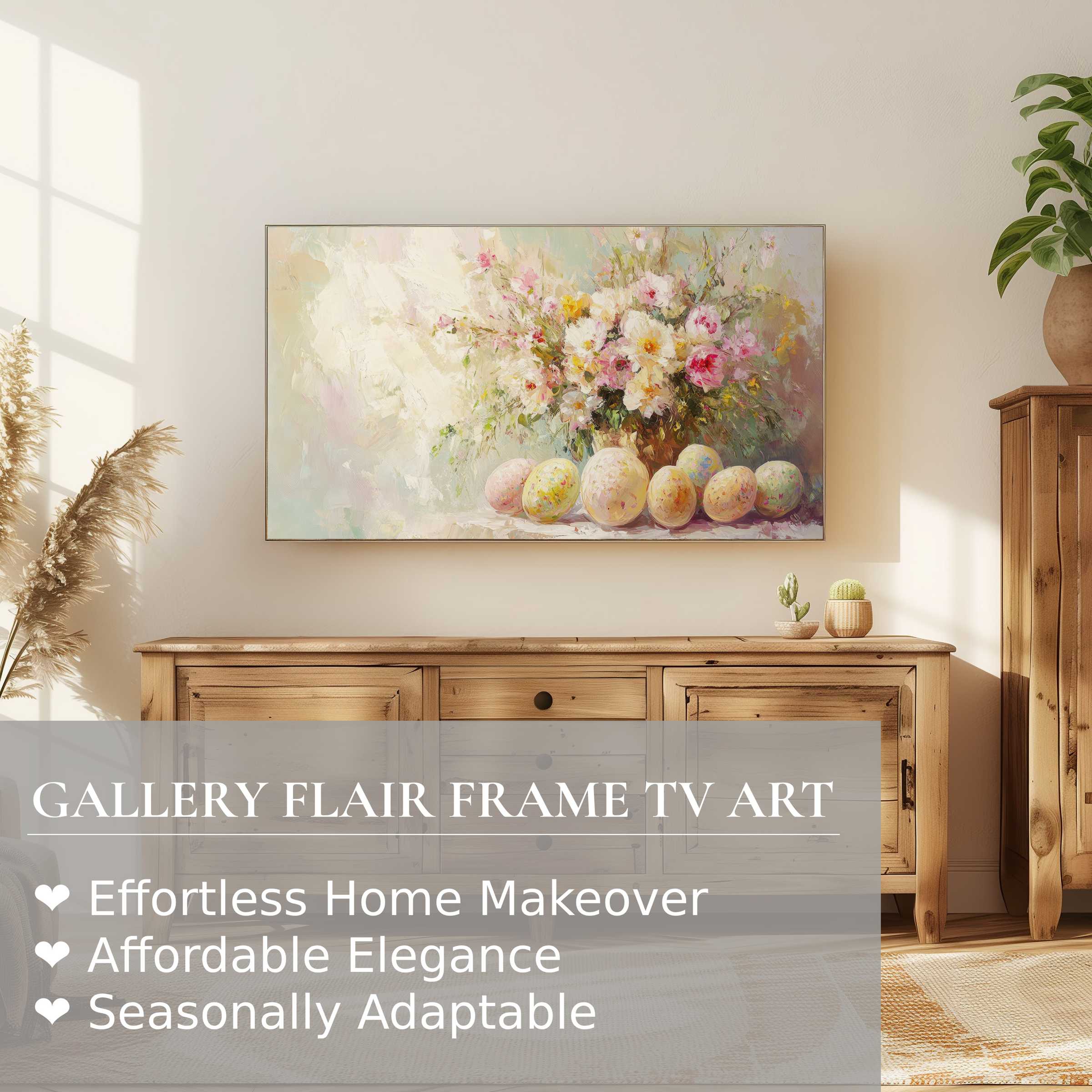 Samsung Frame TV displays soft pastel easter digital artwork in a sunlit modern rustic interior