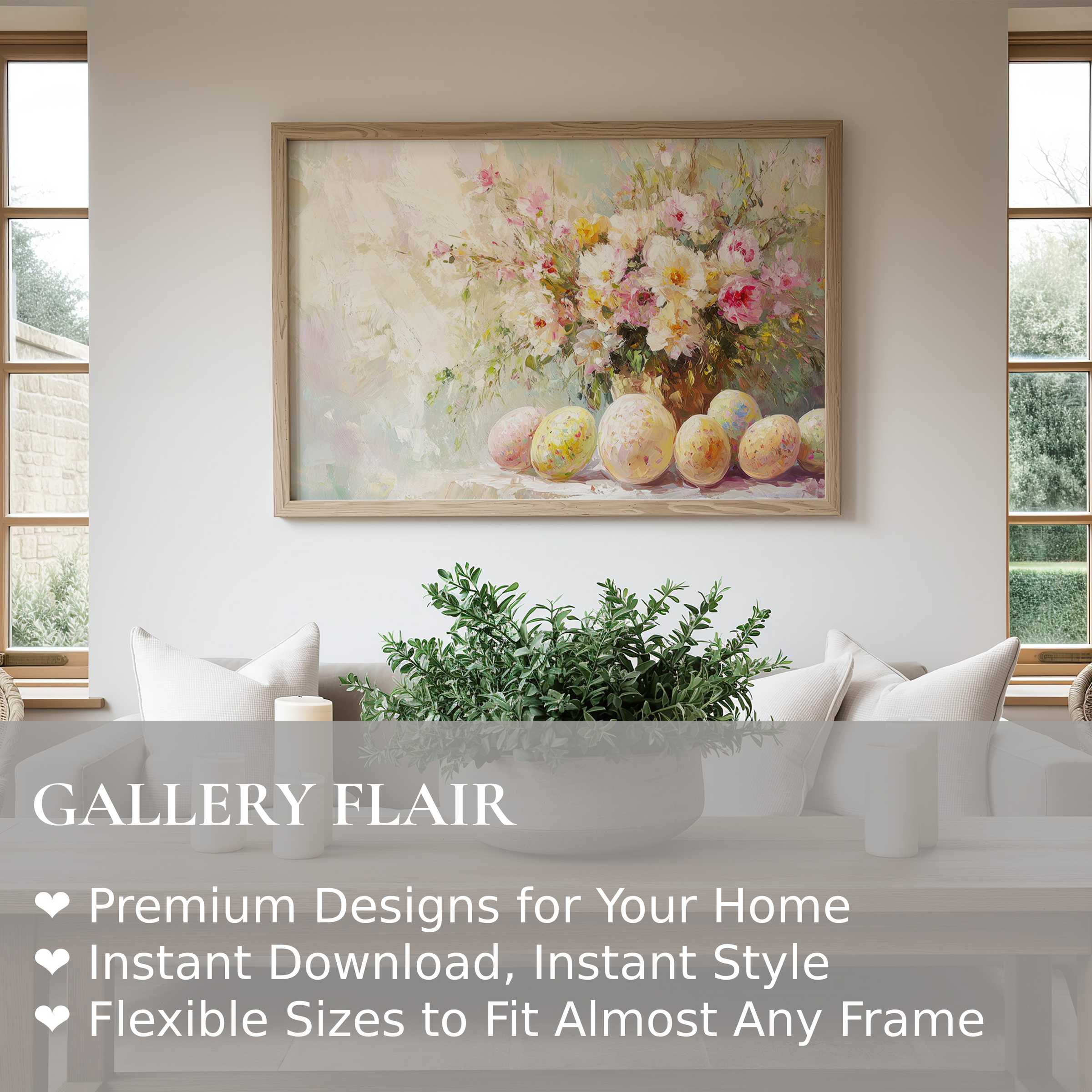 Easter wall art print with soft pastel blooms and speckled eggs, elevating serene modern farmhouse interiors with radiant charm