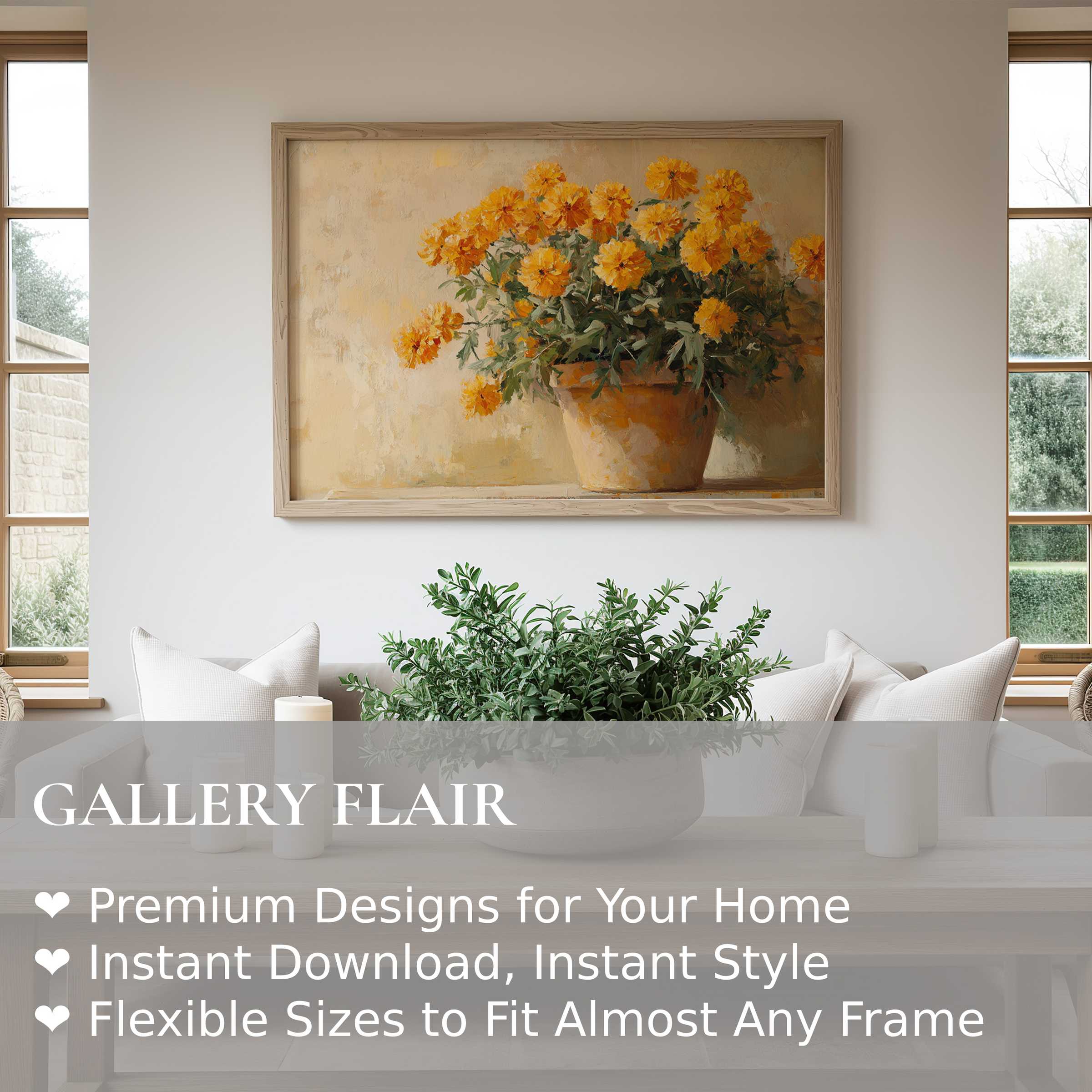 Botanical wall art print featuring vibrant yellow marigolds in rustic terracotta pot, enhancing a serene modern farmhouse living room