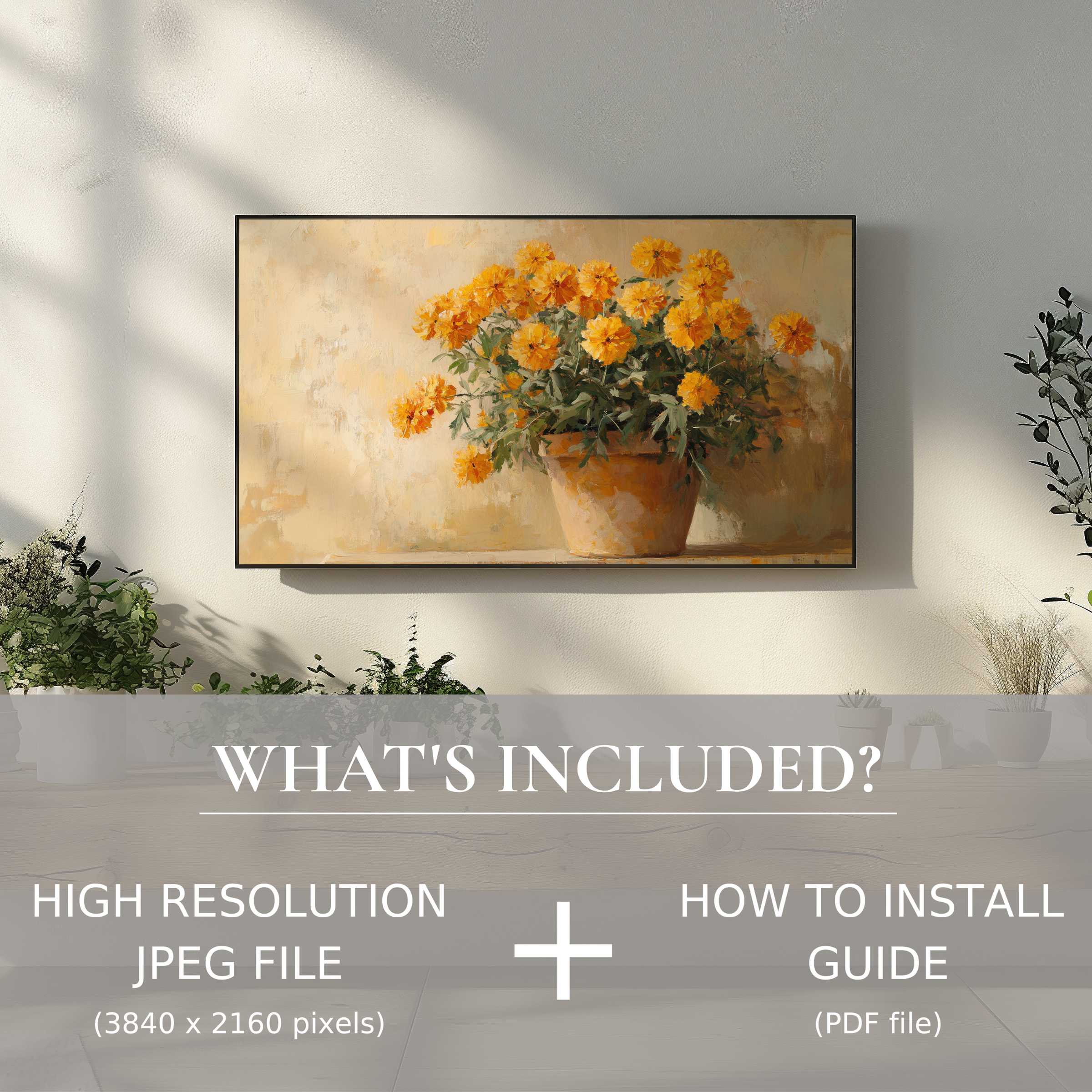 Elegant botanical digital TV art download featuring vibrant florals, instantly elevating your stylish living space with ease