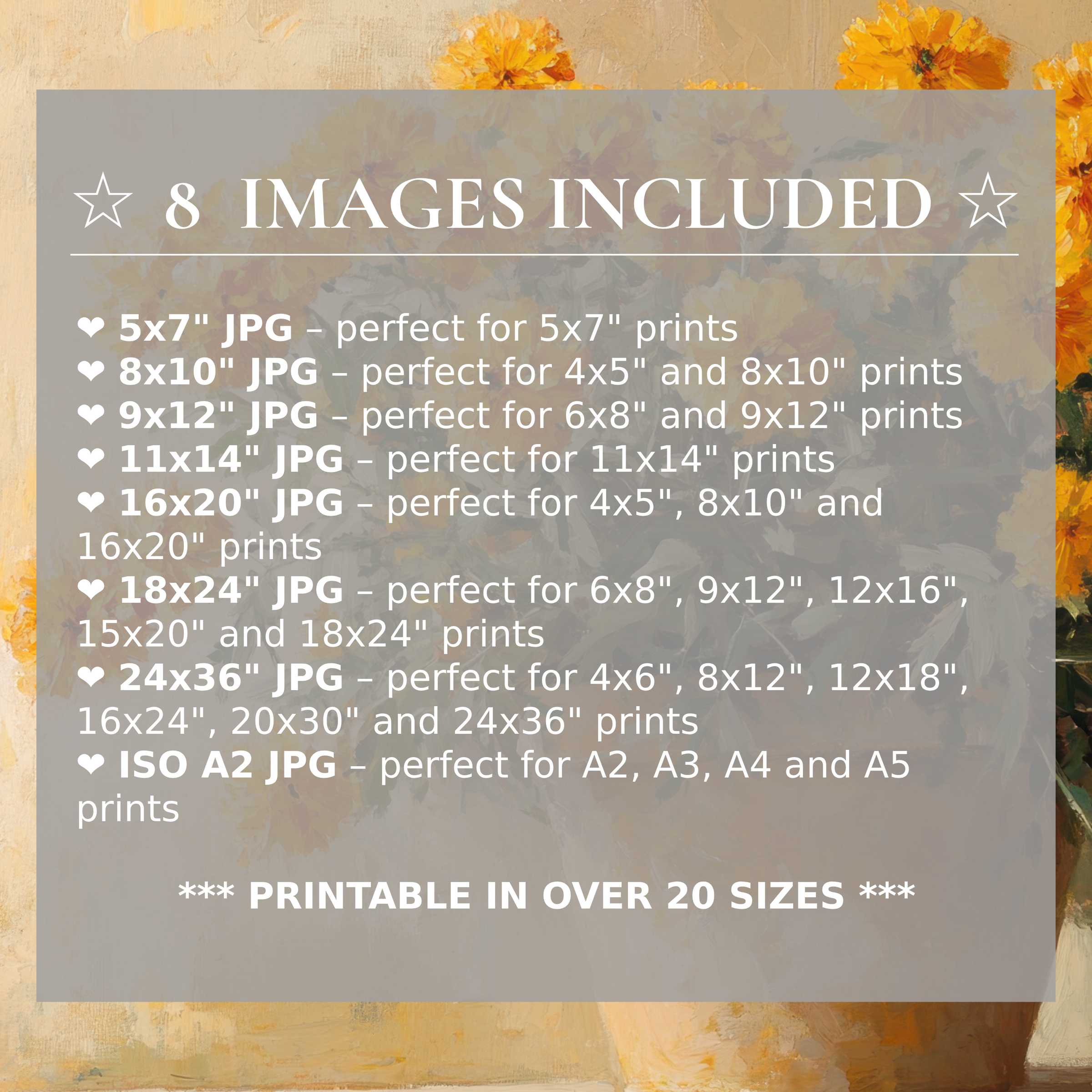 Botanical digital print in radiant yellow and calming beige tones, elevating modern interiors with style and flexibility; 8 high-quality sizes included