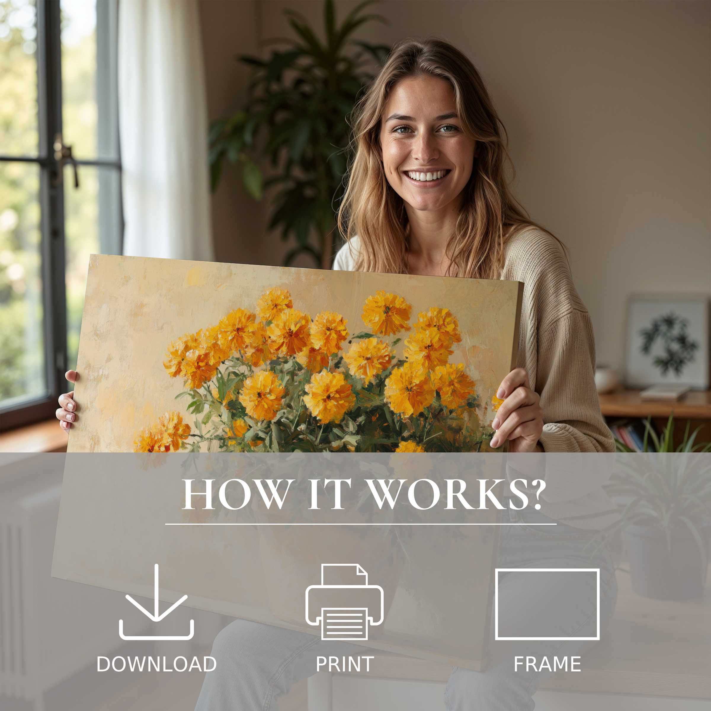 Radiating joy in a sunlit modern home, a woman embraces a vibrant botanical digital art print-effortless elegance for living artfully