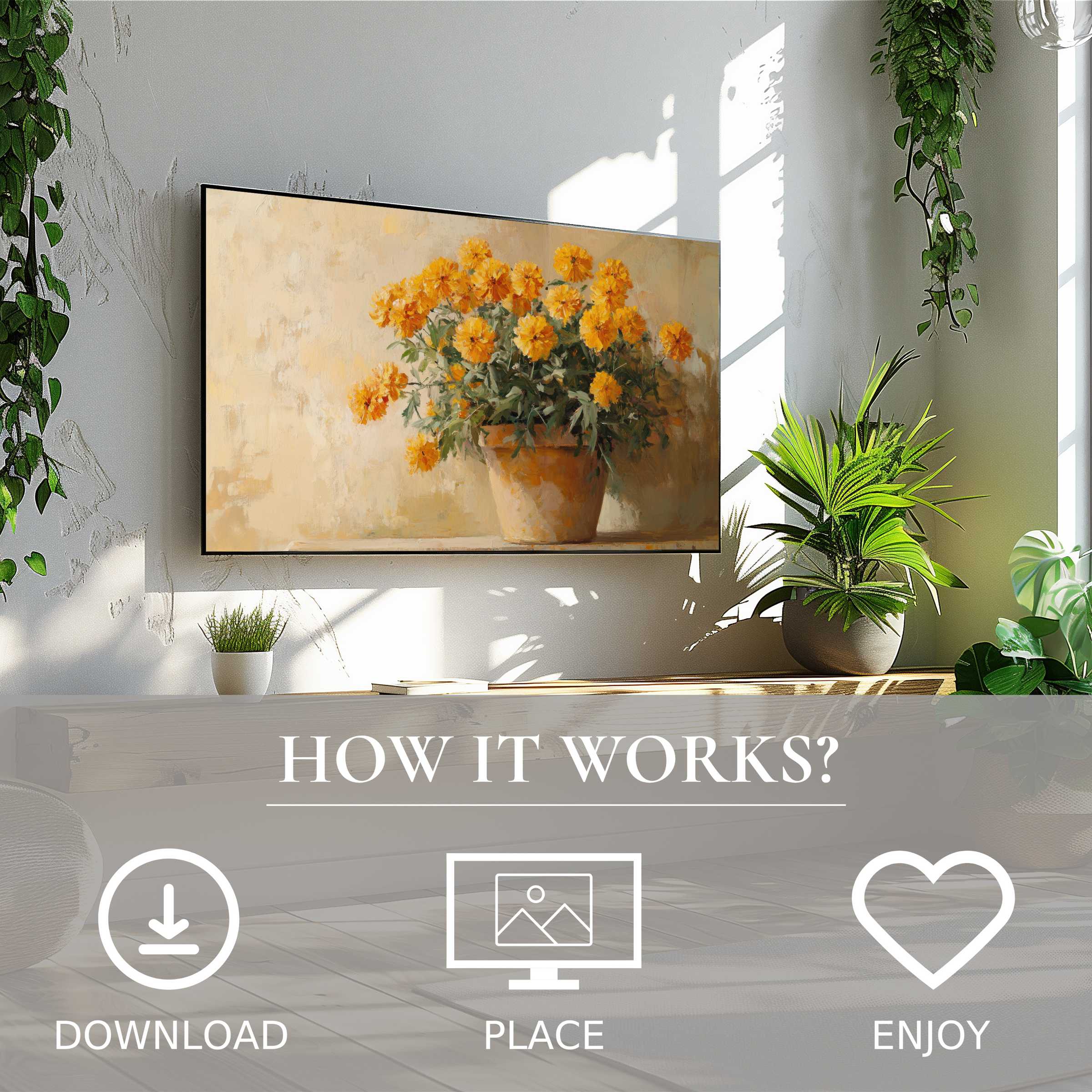 Botanical art for Samsung TV shows warm marigold blooms; easy digital download enriches modern living spaces with charm