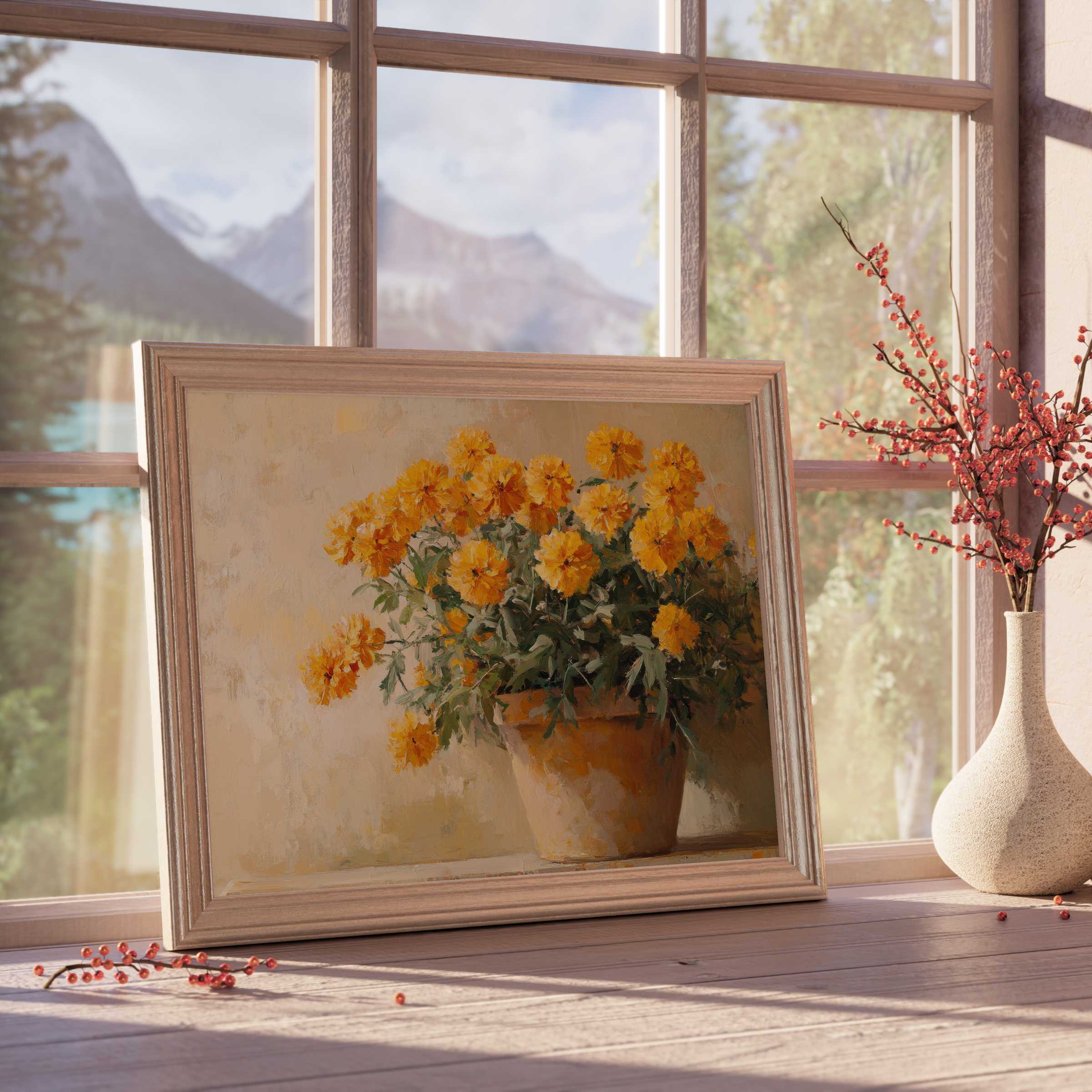 Botanical downloadable art featuring vibrant marigolds in terracotta, enriching serene, design-forward interiors with warm elegance