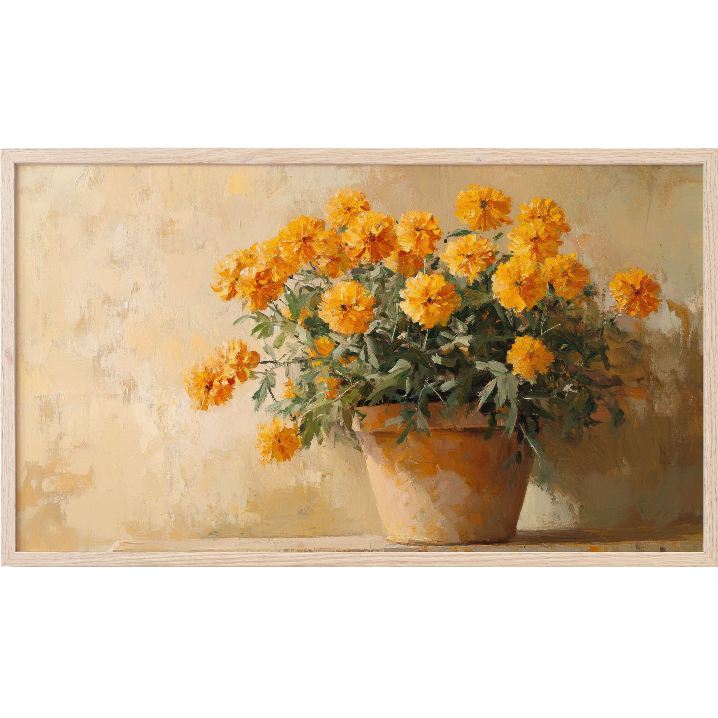 Elegant botanical Frame TV Art showcasing vibrant orange marigolds in a soft, textured beige setting