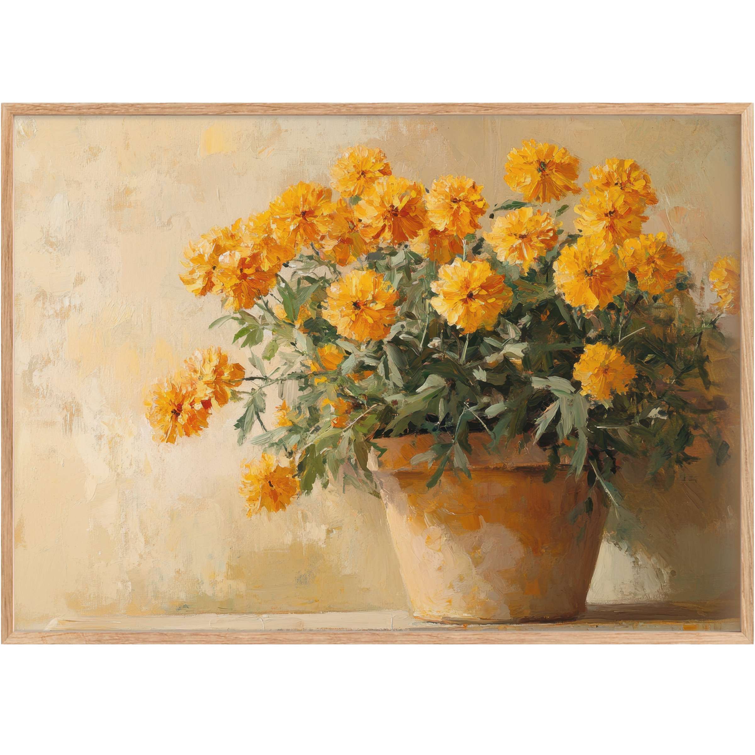 Radiant botanical printable wall art featuring sunlit marigolds in warm ochre and muted greens for a serene, elegant space